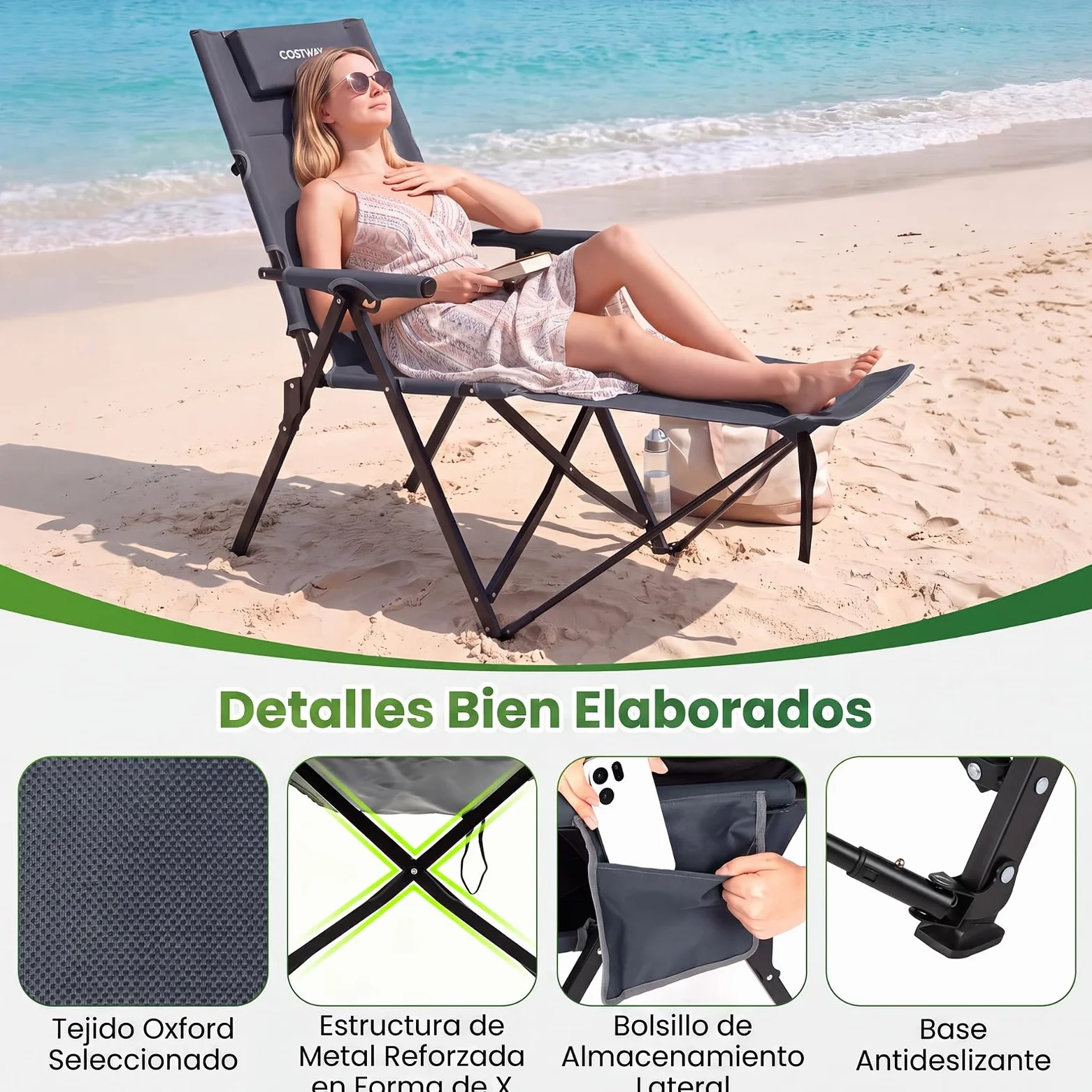 COSTWAY Silla Plegable Camping con Reposapiés Desmontable (Gris) | Tumbona Reclinable con Respaldo Ajustable de 4 Niveles, Reposacabezas, Bolsillo Lateral, Bolsa de Transporte, Jardin Playa Pi