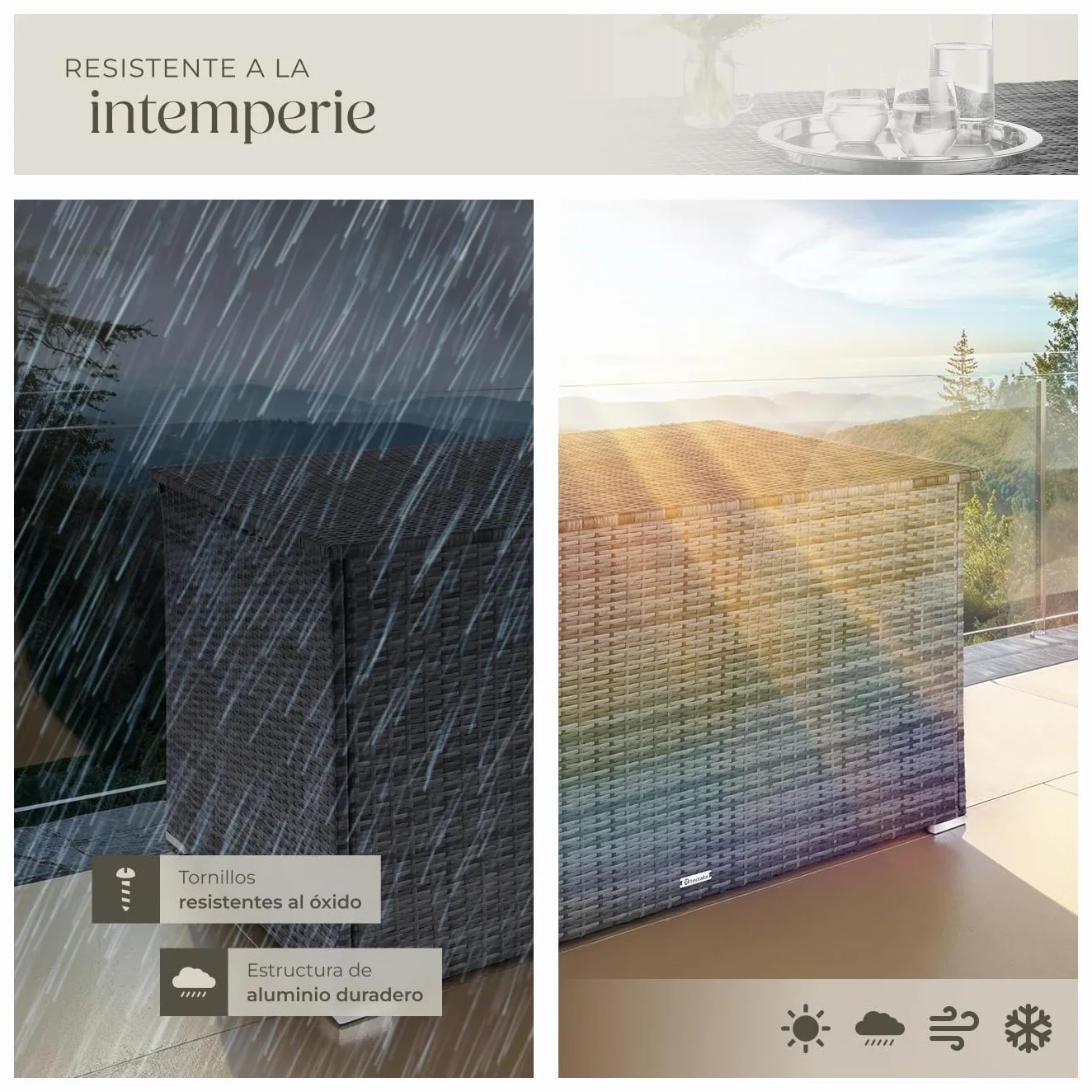 Tectake Baúl de Almacenaje Exterior 750 l, Arcón de Poli Ratán Resistente, Cofre para Jardín Terraza - Gris
