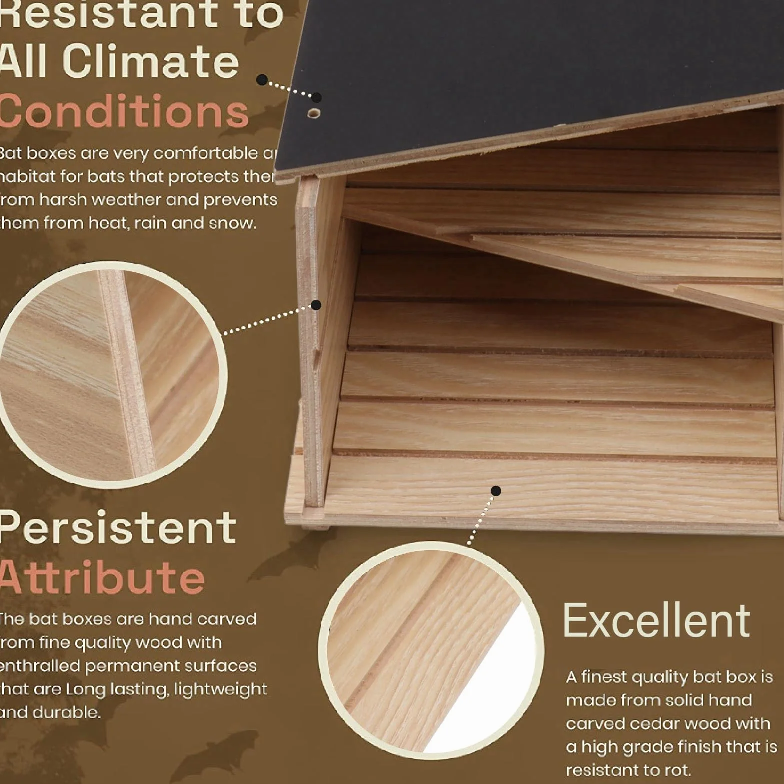 Caja de Murciélagos, Impermeable, a Prueba de Viento, para Exteriores, Casa de Murciélagos, Cámara Doble de Madera, Respetuosa con el Medio Ambiente para Patio Jardinería