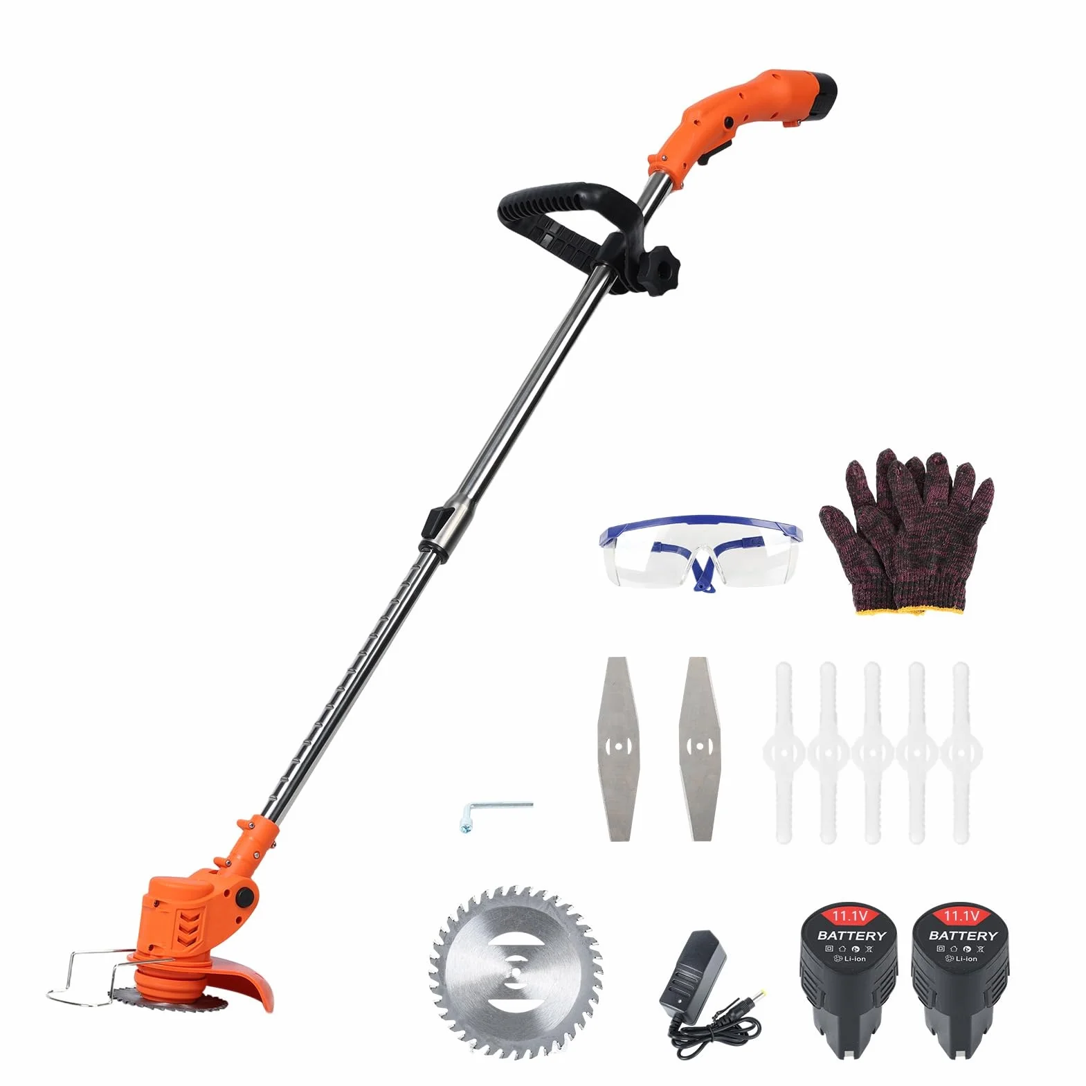 Desbrozadora inalámbrica de 450 W, cortadora de césped eléctrica con 2 baterías, cortador telescópico con 3 tipos de cuchillas, cortador de césped ligero para jardín para malas hierbas, arbustos