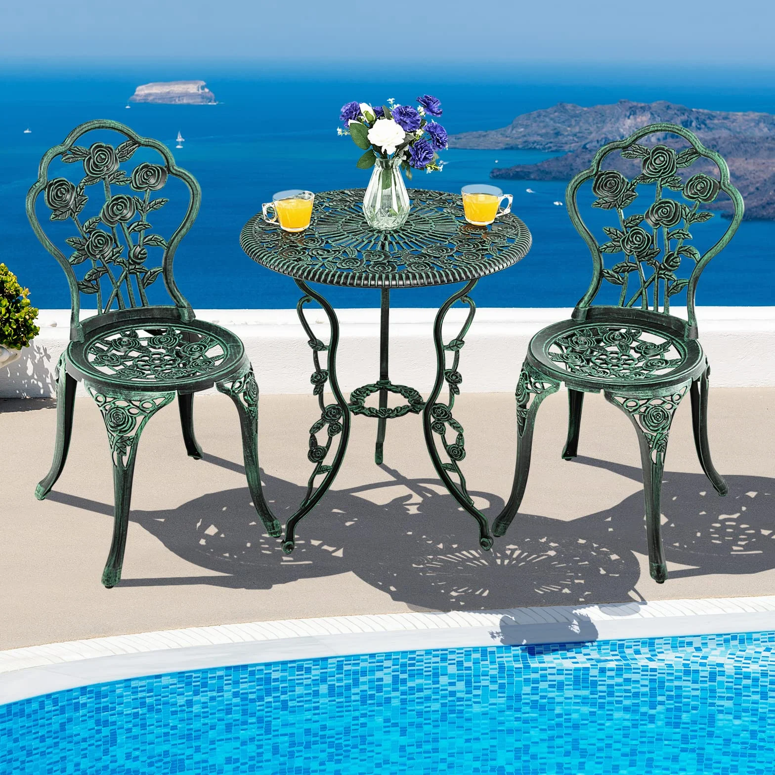 KOMFOTTEU Juego de Muebles de Jardín 3 Piezas, Mesa y 2 Sillas de Aluminio Fundido, Conjunto Bistró con Agujero Sombrilla, Diseño Rosas, Verde Bronce