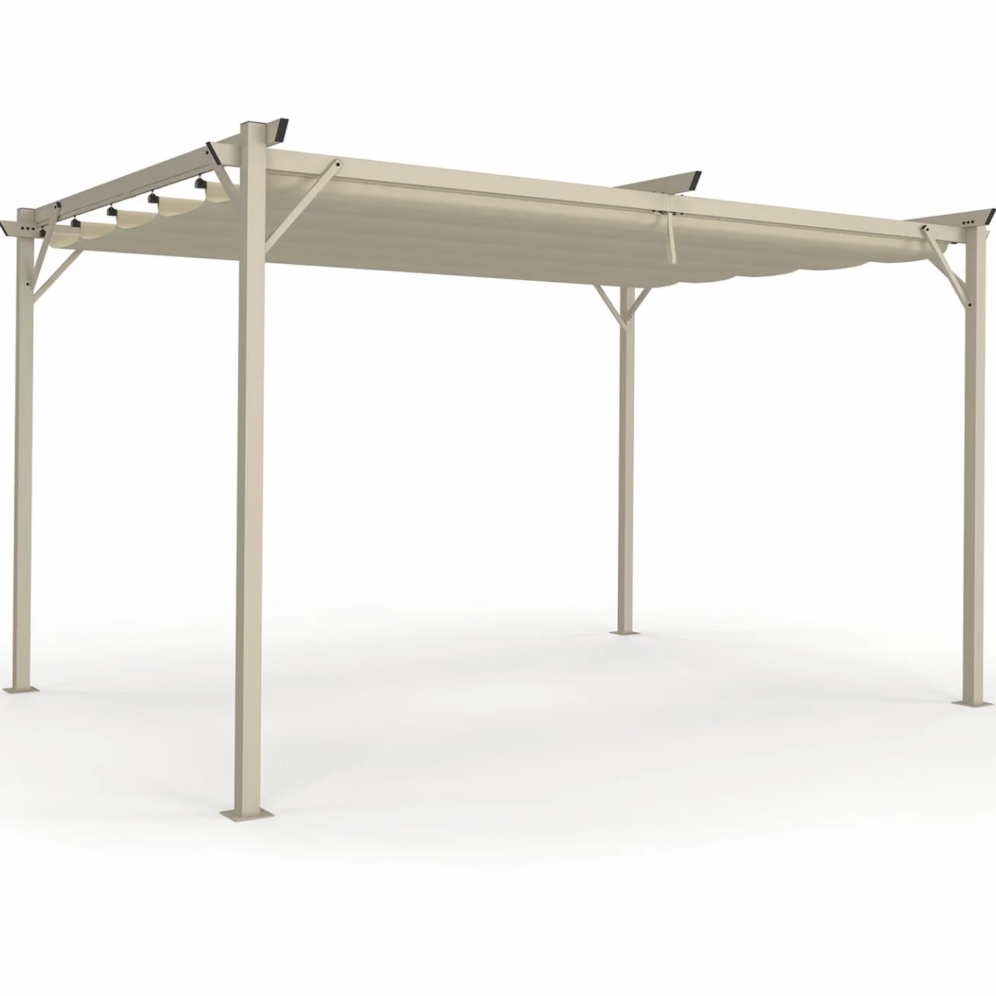 Pérgola retráctil techo 4 patas 3x4 m cenador efecto madera y lienzo beige