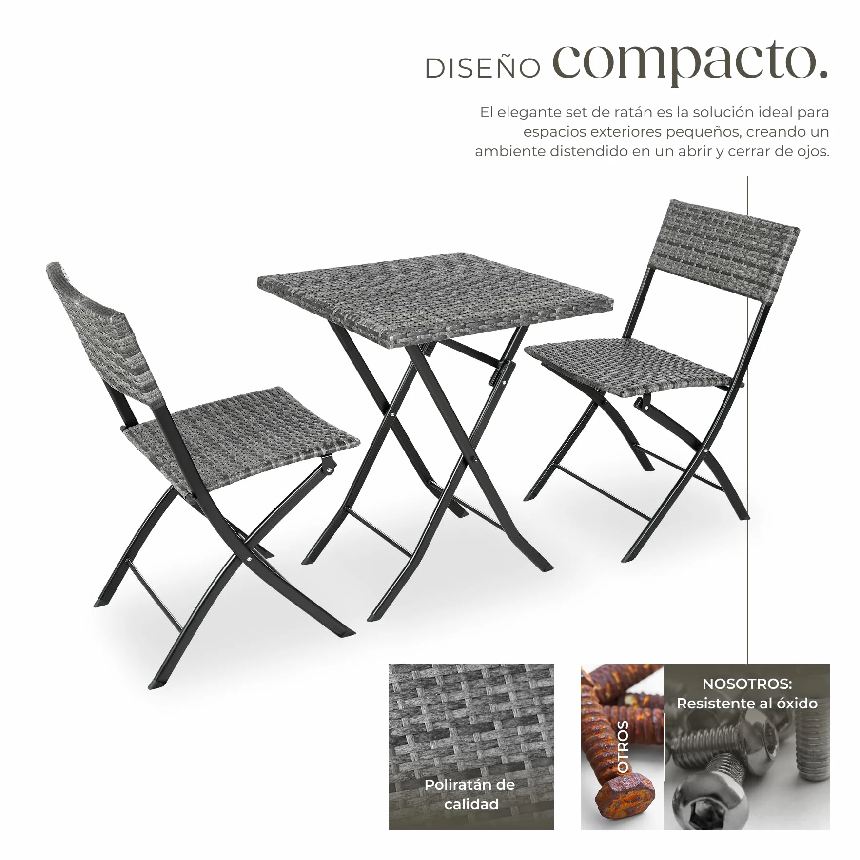 tectake Conjunto Jardín Exterior de Ratán y Acero para 2 Personas, Muebles Resistentes a Intemperie, Plegable, Gris