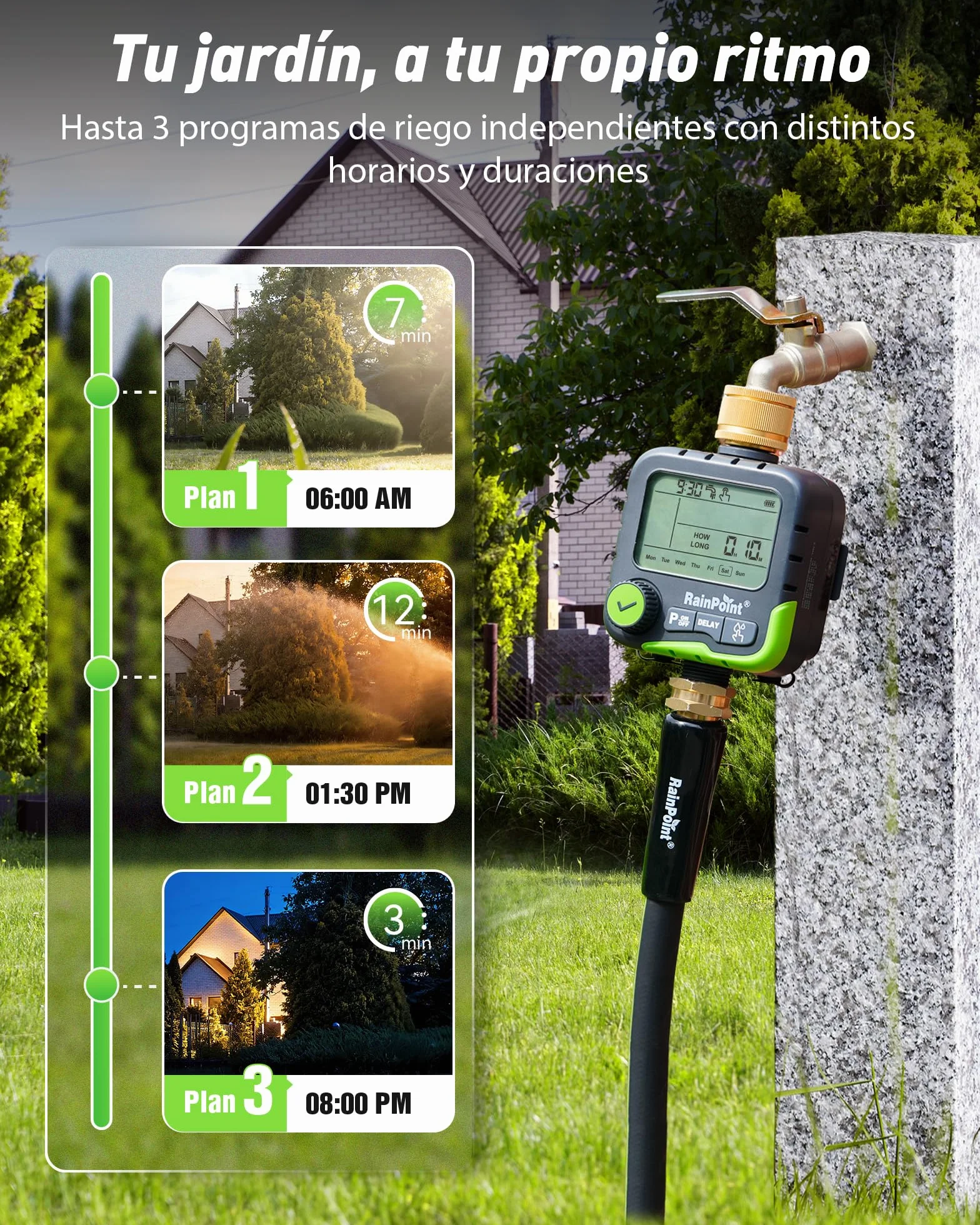 RAINPOINT Ordenador de riego IP65 Resistente al Agua con 3 Planes de riego y Doble conexión para Sensor de Lluvia y Panel Solar