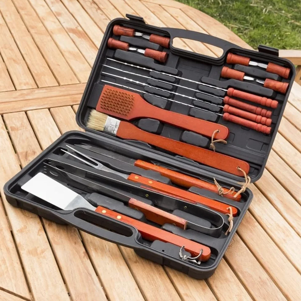 Kit Barbacoa - Juego de utensilios para barbacoa, utensilios de barbacoa, juego de herramientas para viajes, jardín, maletín, acero inoxidable y madera