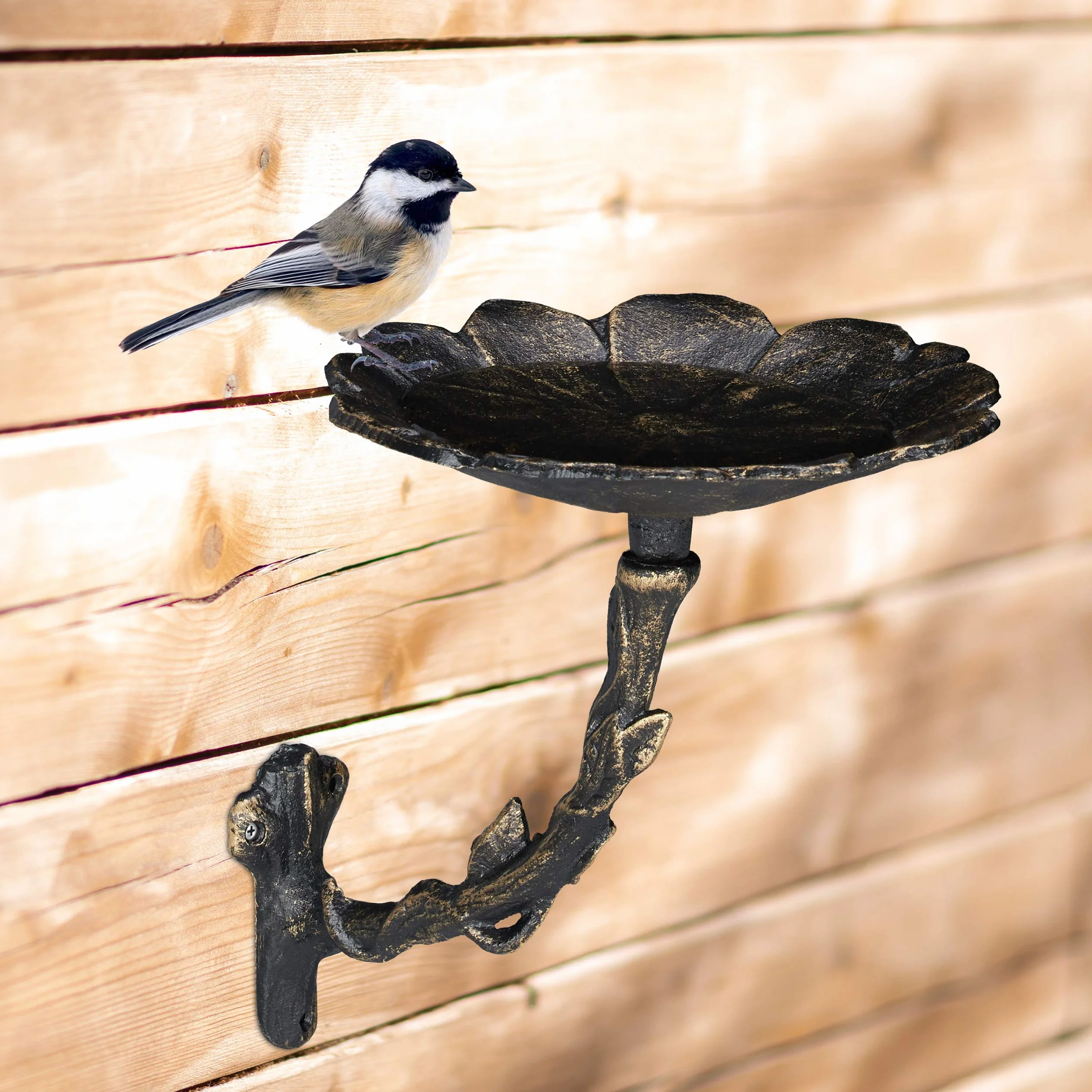 Relaxdays Bebedero Pájaros Hierro Fundido Flor Decoración Jardín Montaje Pared Comedero Aves Fuente Bronce