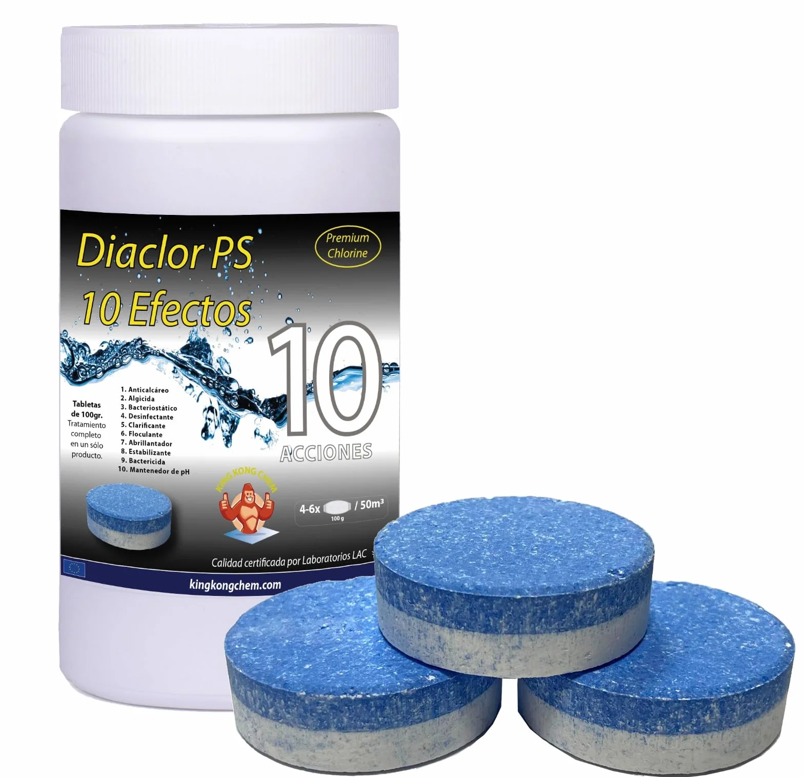Cloro Total para Piscinas DIACLOR PS 10 1 KG Pastillas de Cloro Multiacción 100 gr