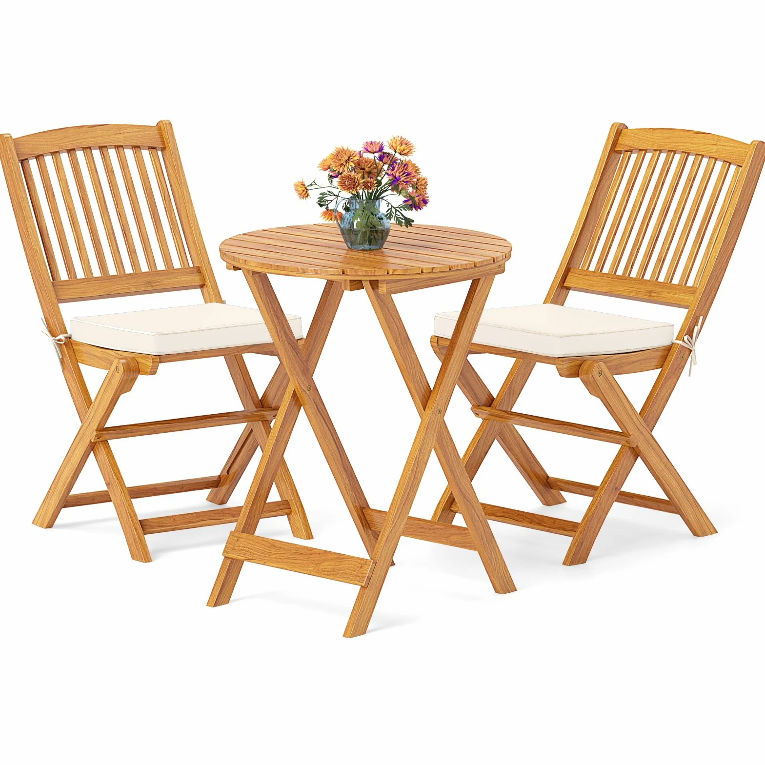 GIANTEX Set de Bistró Plegable 3 Piezas, Mesa y Sillas Terraza Madera Acacia con Cojines Removibles, Muebles Exterior Beige