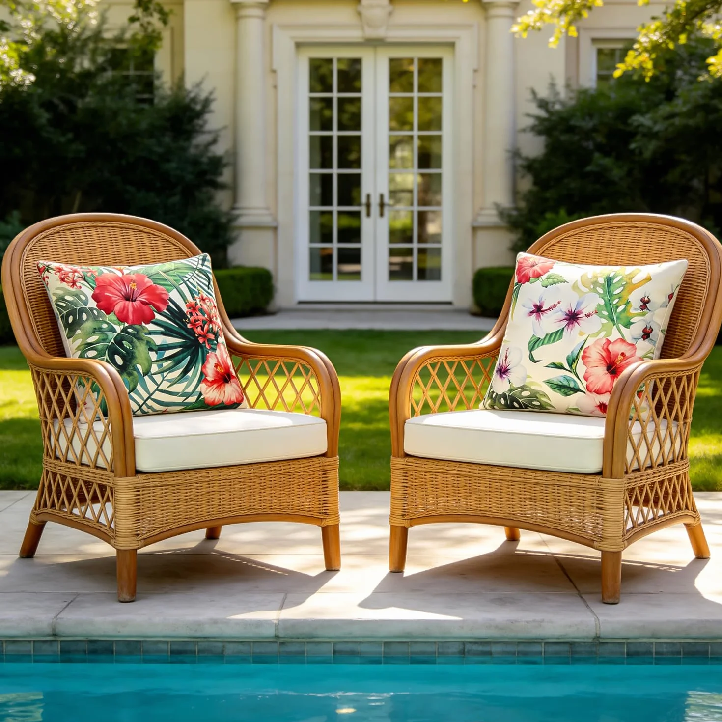 Funda Cojin Exterior Impermeable 45x45 CM Flor Colorida Hojas Monstera Lino Sofa Jardin 2 Piezas