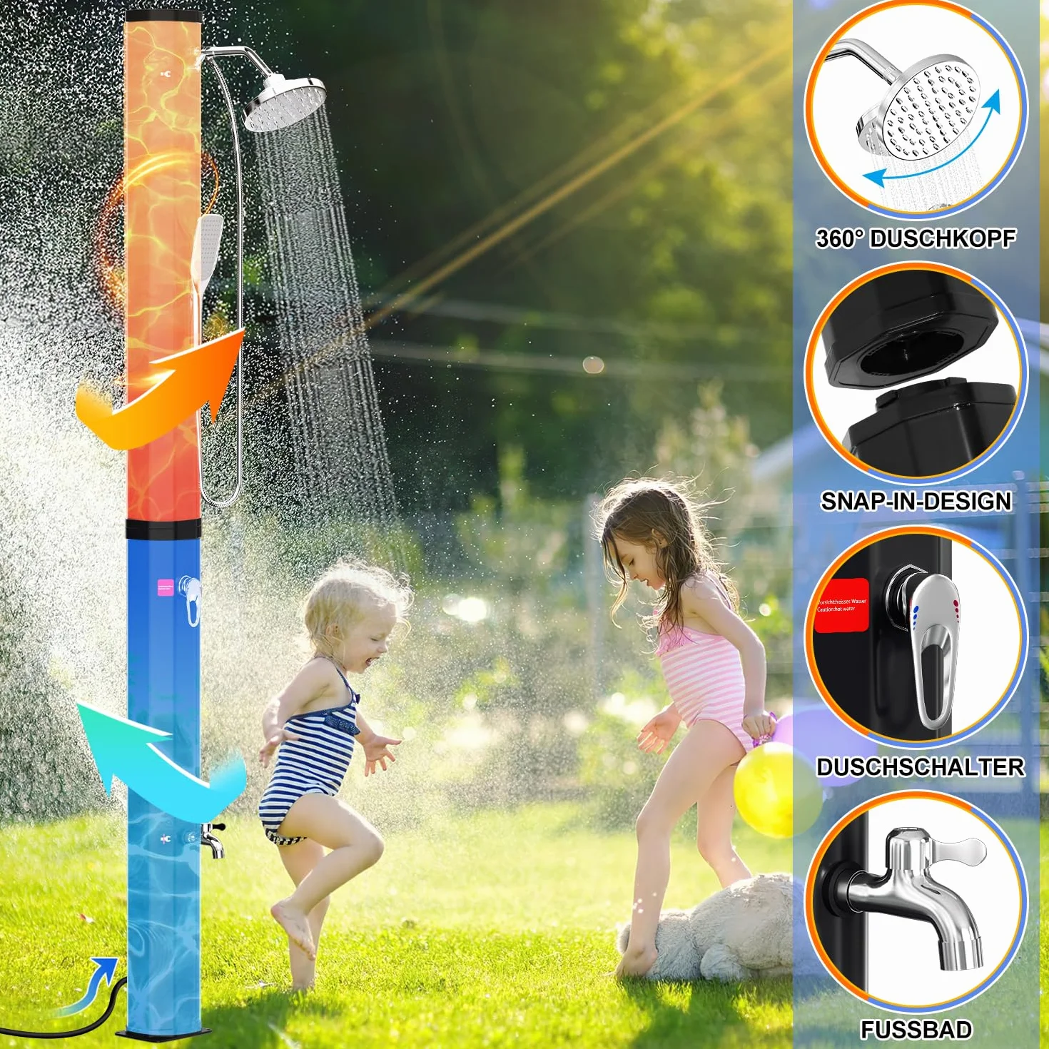 Herrselsam Ducha solar 35 L jardín agua caliente 60 °C camping sin conexión alimentación ducha pies alcachofa mano cabezal lluvia orientable funda