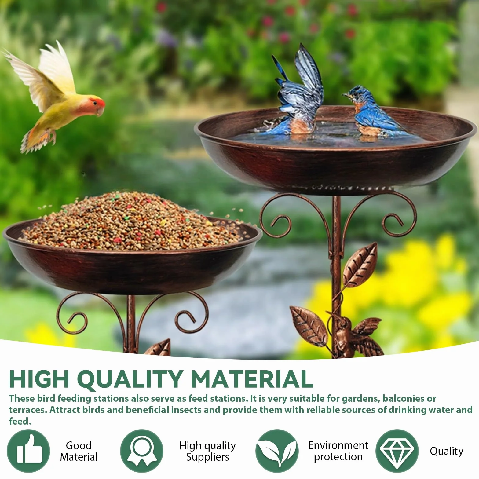 Bebedero para pájaros de pie baño para pájaros cuenco metálico base mejorada 5 puntas exterior