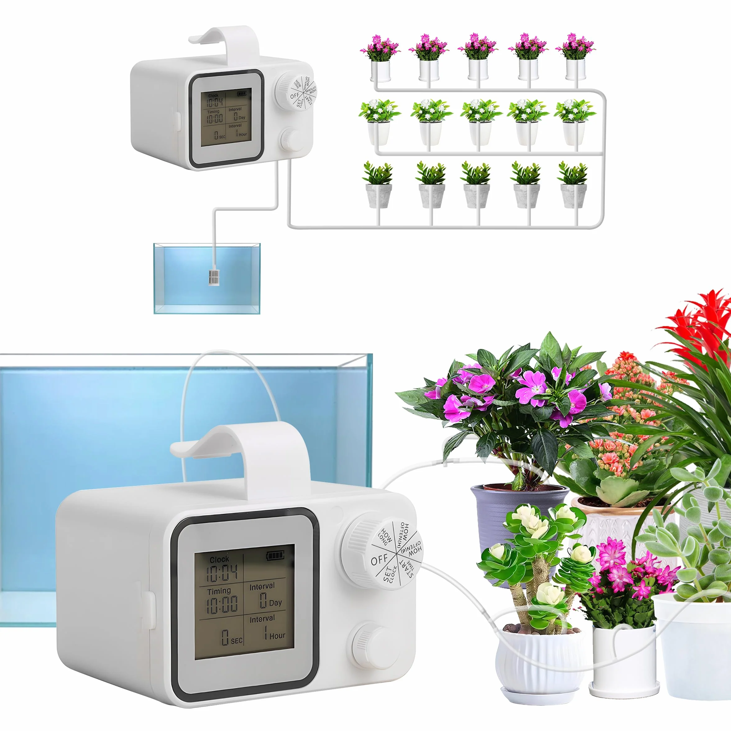 Riego Automatico Macetas para 15 Plantas, Sistema de Riego por Goteo, Kit Riego por Goteo para Macetas, Maceta Inteligente Set, Temporizador de Agua