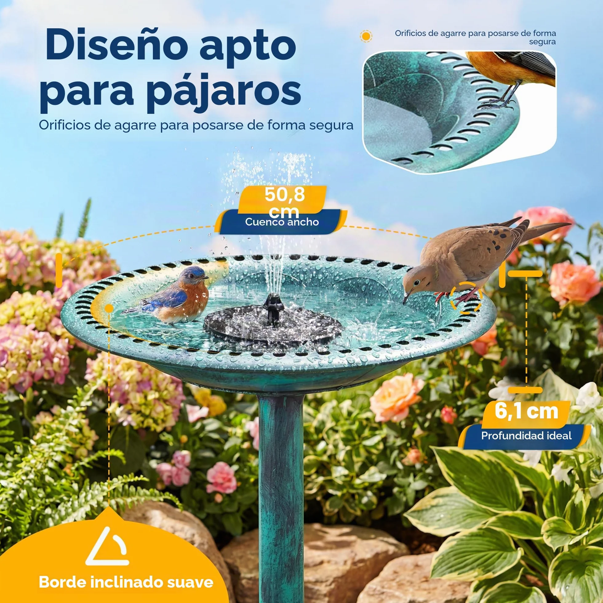 VIVOHOME Baño para Pájaros de Poliresina con Fuente Solar 2 en 1 Antiguo para Jardín