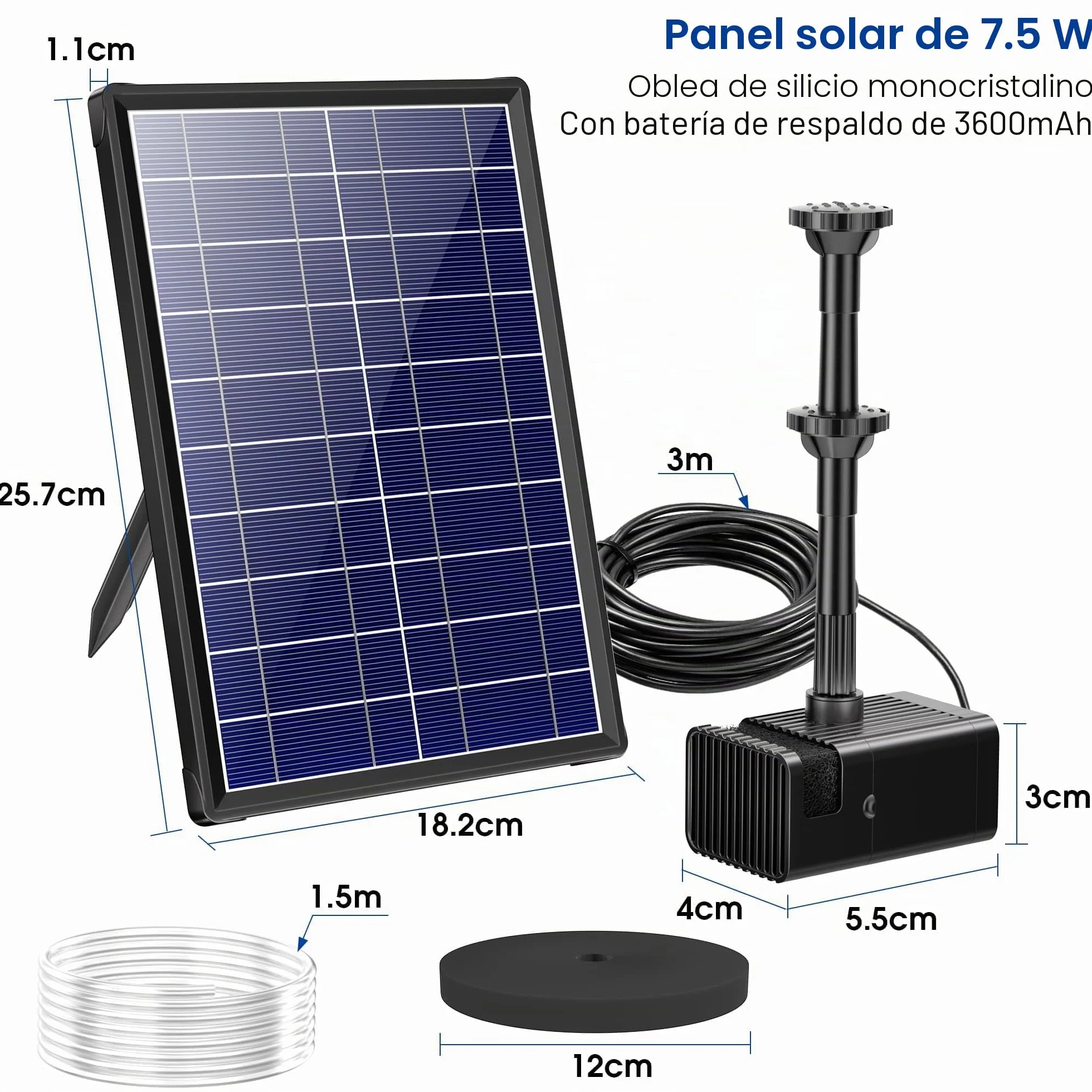 Biling Bomba de agua solar 7.5W 3600mAh 300l/h con tubería 1.5m 10 estilos