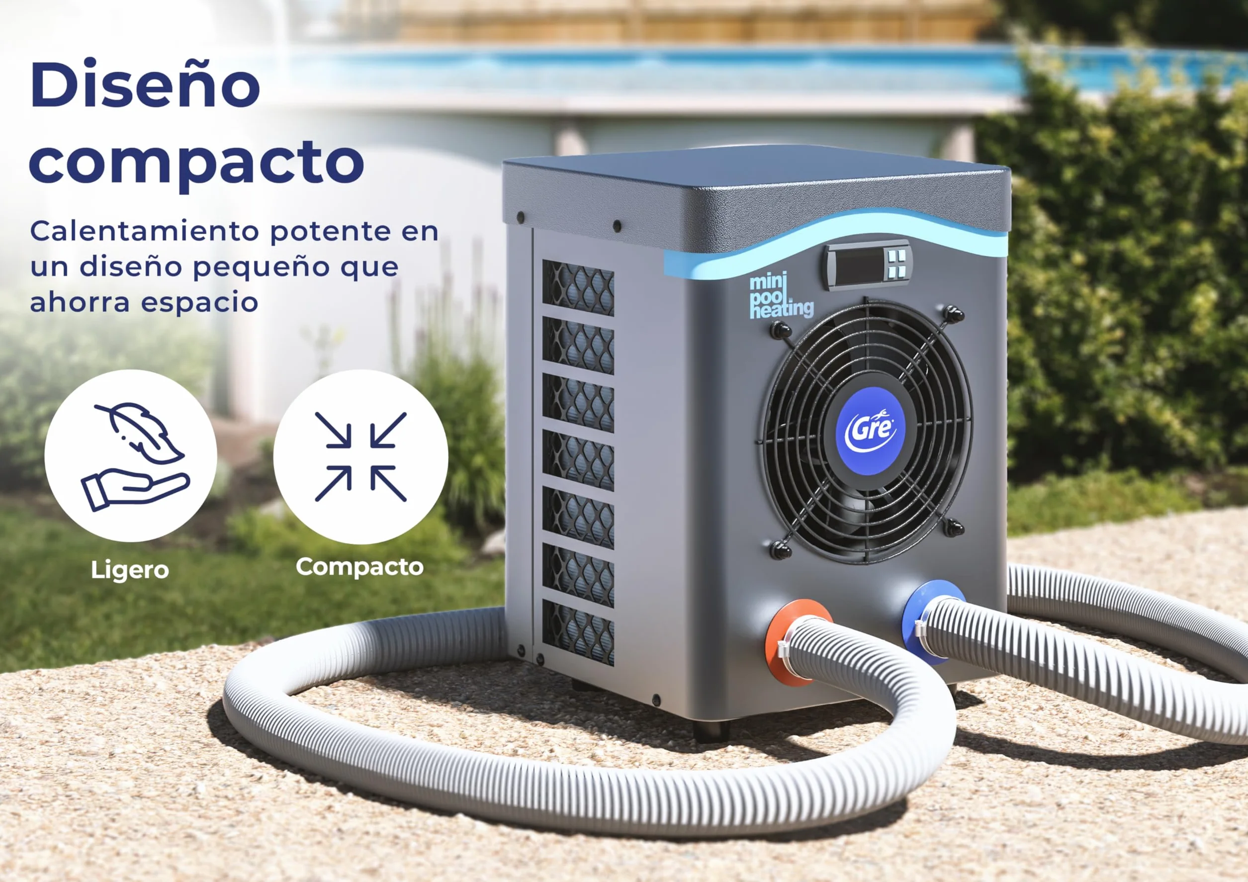 Bomba de Calor Mini para Piscina sobre Suelo 20 m3, Calefacción Piscinas Elevadas Gris Gre HPM20