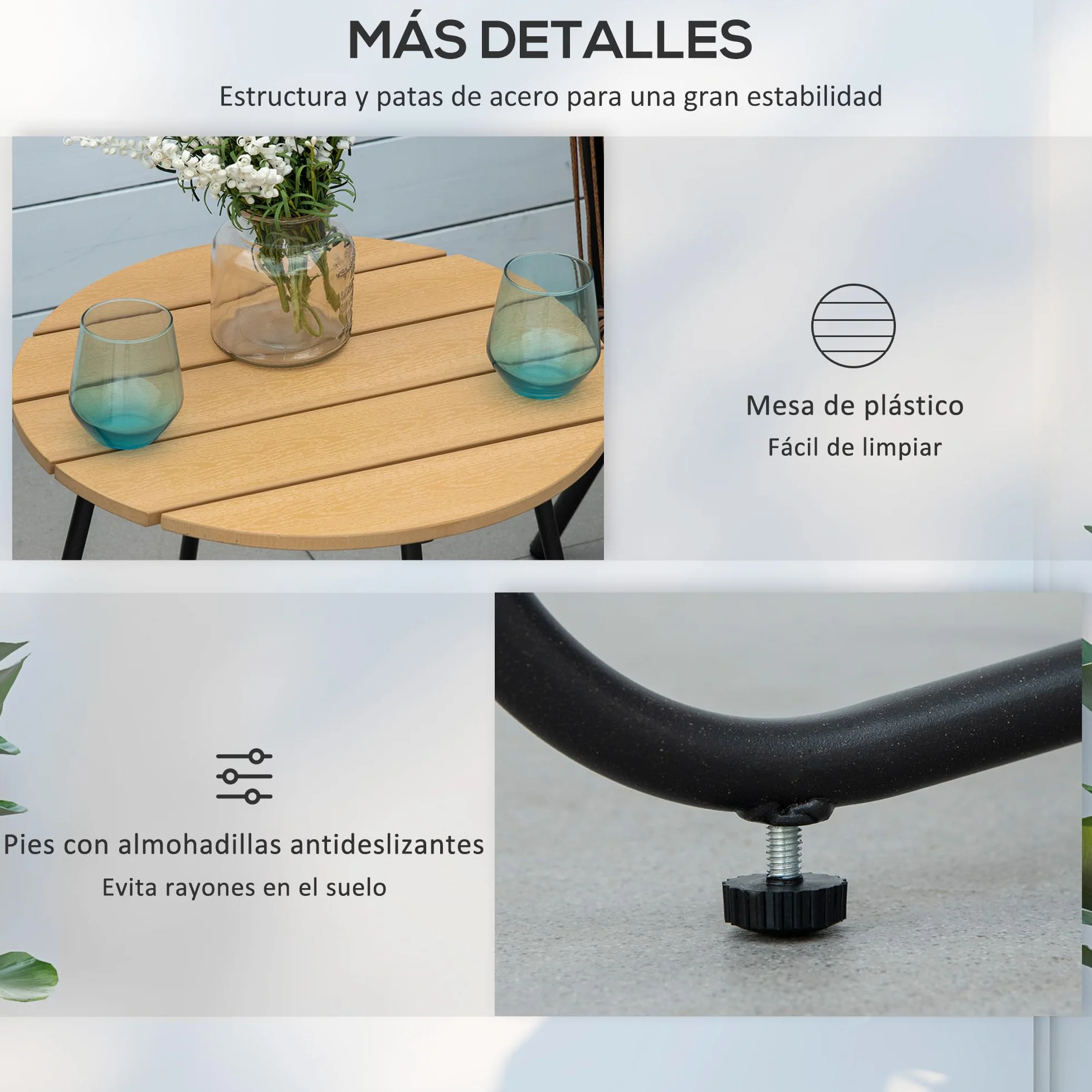 Outsunny Conjunto de Muebles de Jardín Ratán Sintético 3 Piezas Mesa y 2 Sillas con Cojines Extraíbles Gris