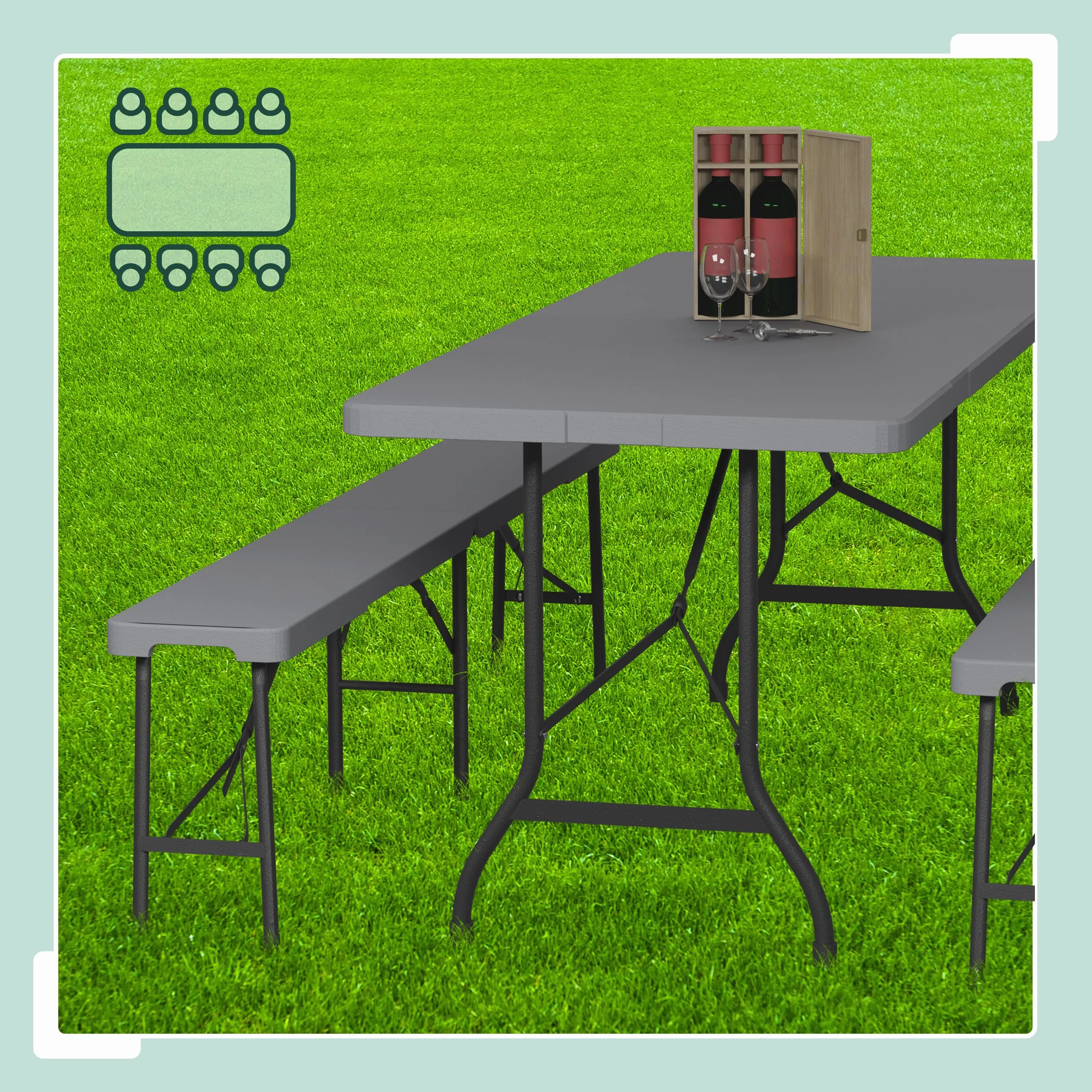 Relaxdays Conjunto Jardín Plegable 3 Piezas Mesa Exterior 180 cm Gris