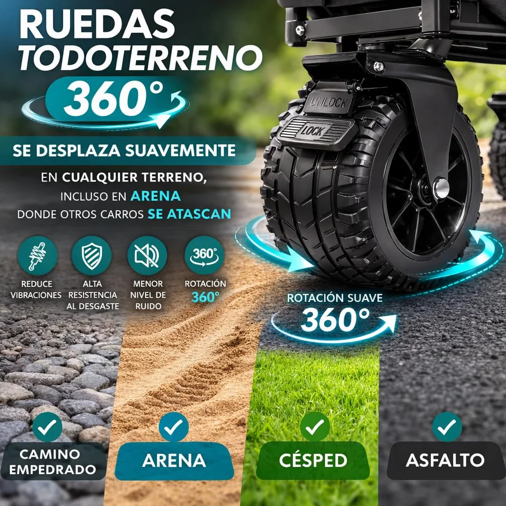 Carro de Mano Plegable con Ruedas Grandes Todoterreno 150kg Asa Ajustable Multiusos