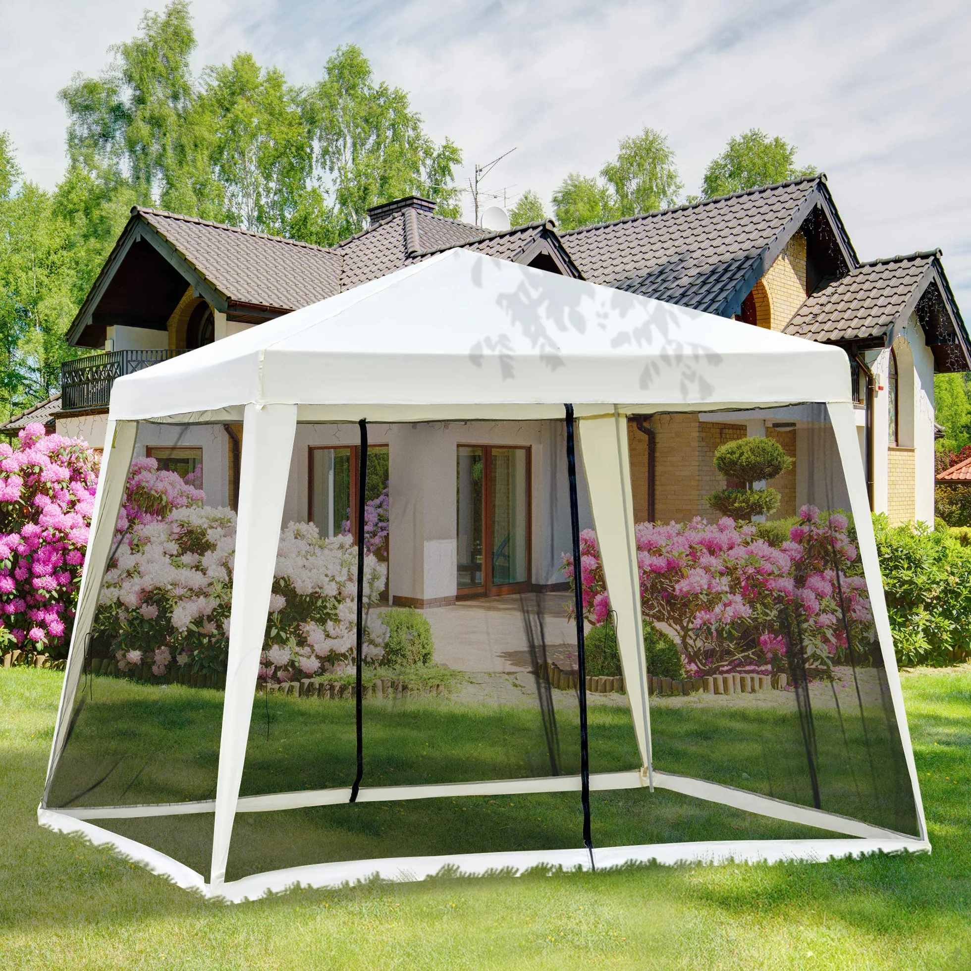 Outsunny Carpa de Jardín 3x3 m Cenador con 4 Partes Laterales Mosquitera con Cremallera Protección UV Impermeable para Patio Exterior Eventos Fiesta Crema