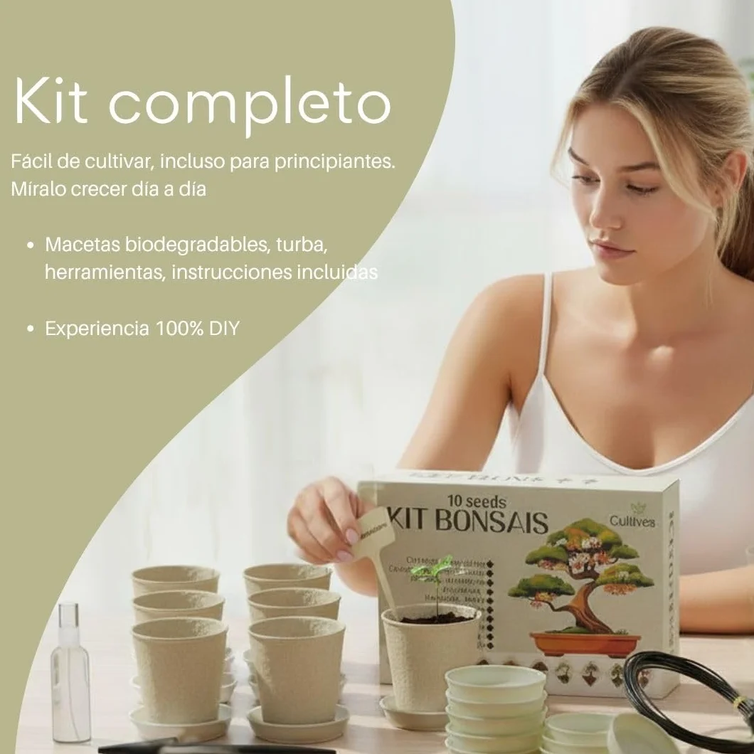 CULTIVEA® Kit 10 Bonsáis para Cultivar – Kit Cultivo Bonsái Completo con Semillas, Macetas y Herramientas