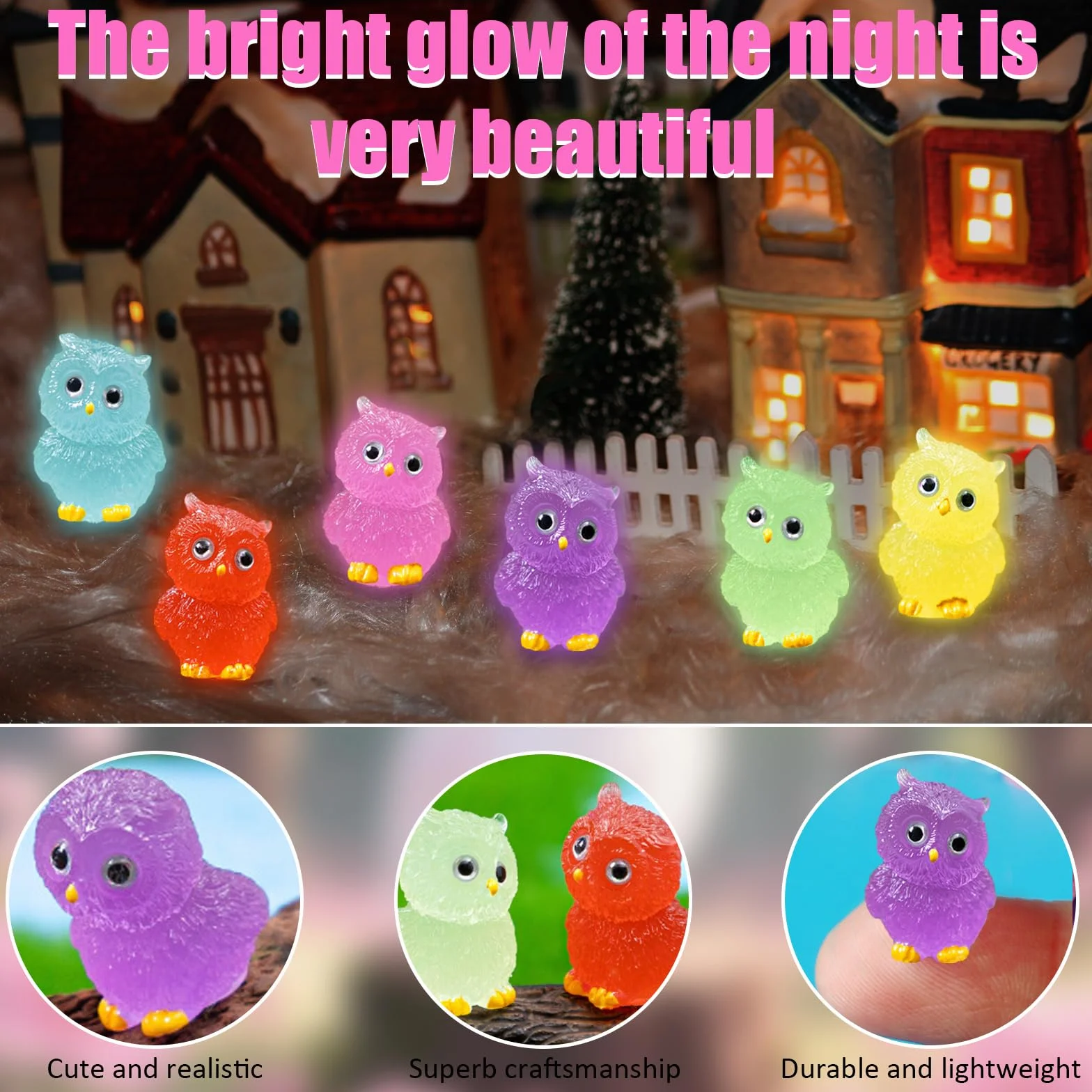 Mini animales luminosos, 30 unidades de mini búhos de resina, 6 colores, pequeñas figuras de búhos, figuras de resina, pequeñas adecuadas para casa de muñecas, paisaje, jardín, plantas