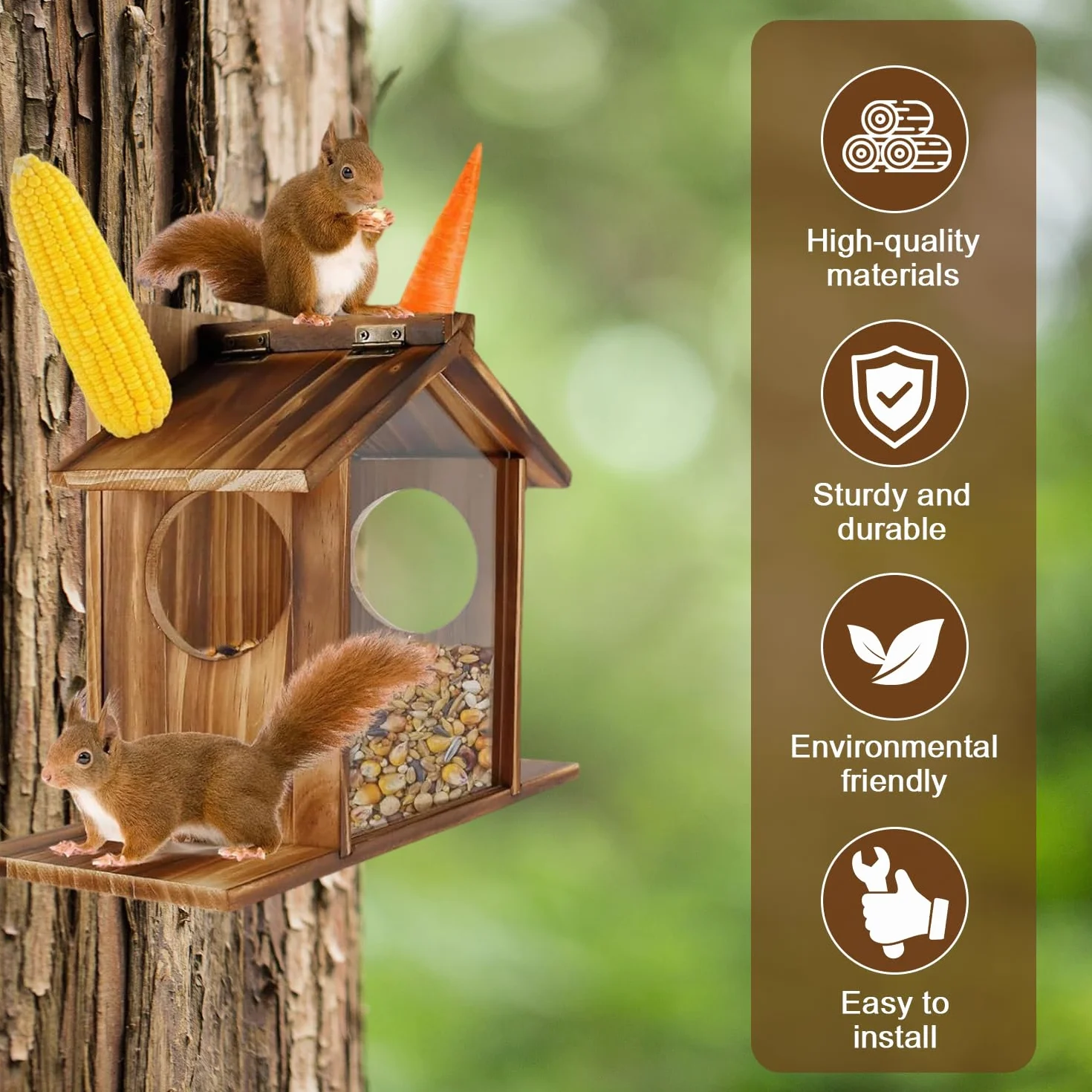 Comedero para Ardillas de Madera de Pino, Casa de Alimentación para Exteriores
