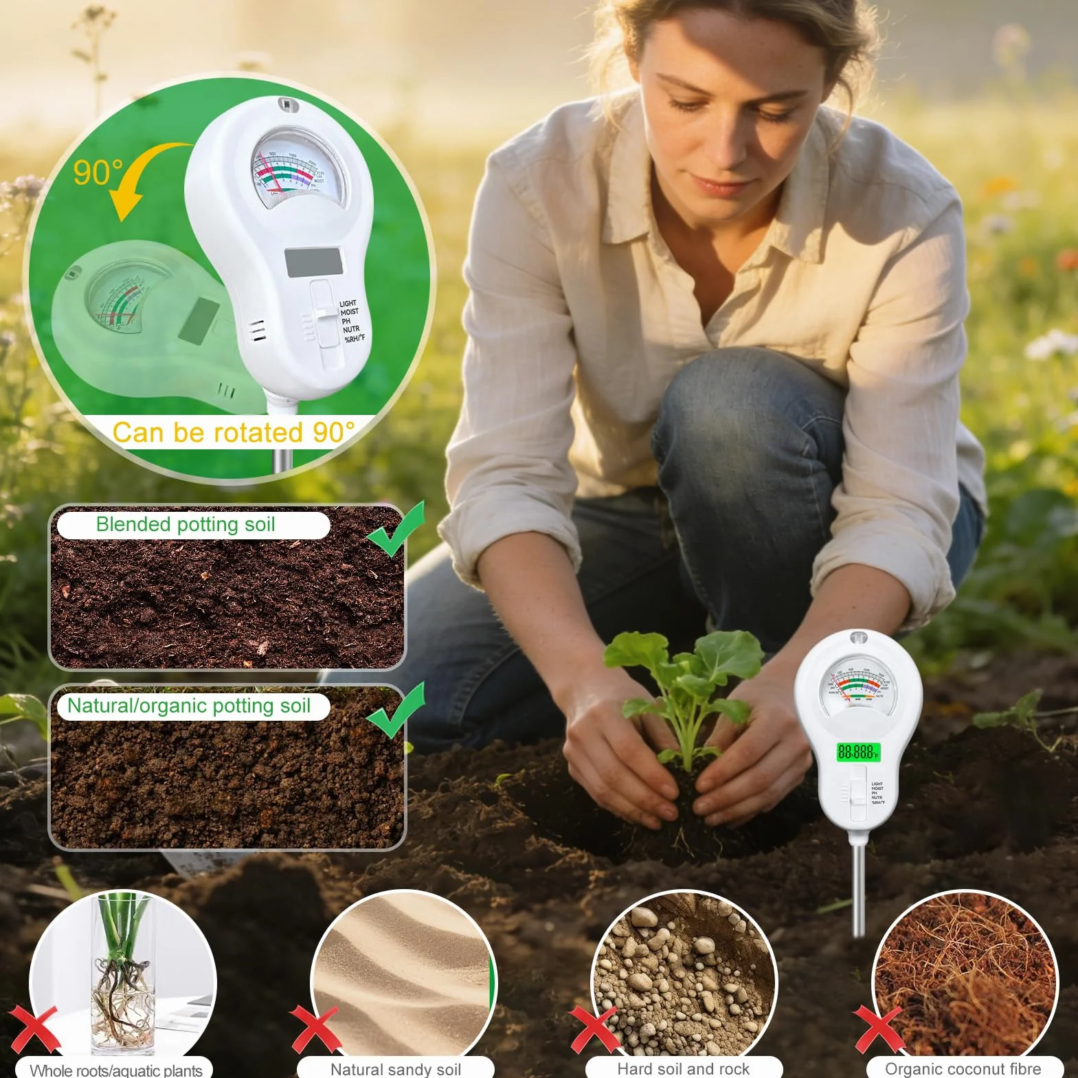 Shinybox Medidor de Suelo 6 en 1, Medidor de Humedad de Plantas con 2 Sondas Extraíbles, Fertilidad, pH, Temperatura, Sol, Humedad Ambiental para Jardín