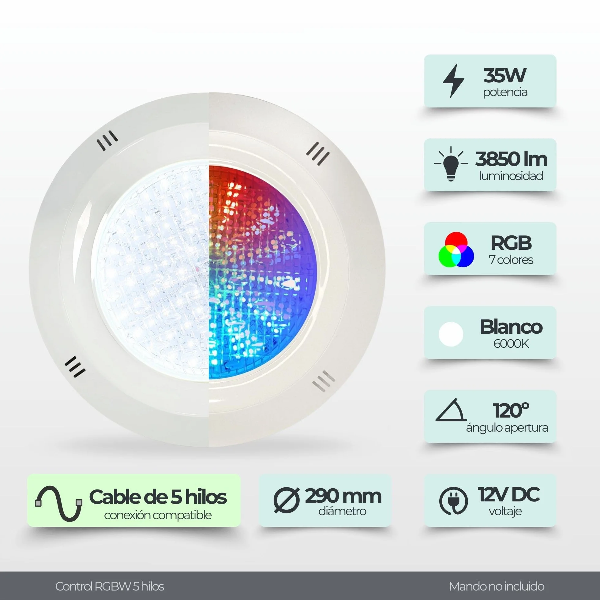 Foco LED Piscina Superficie 35W RGBW Blanco Puro IP68 12V DC Resina 29cm Cable 5 Hilos