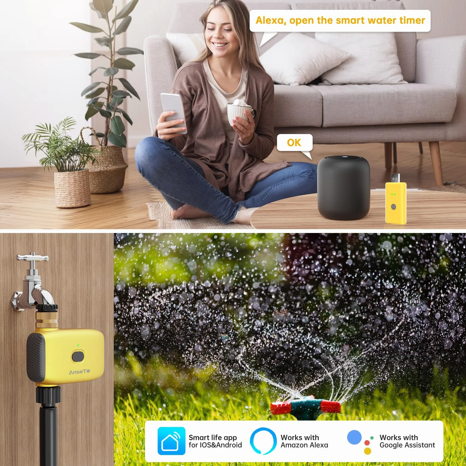 Programador de Riego WiFi con Concentrador, Entrada de Latón, Temporizador Automático de Riego con Retardo por Lluvia para Jardín Invernadero Césped