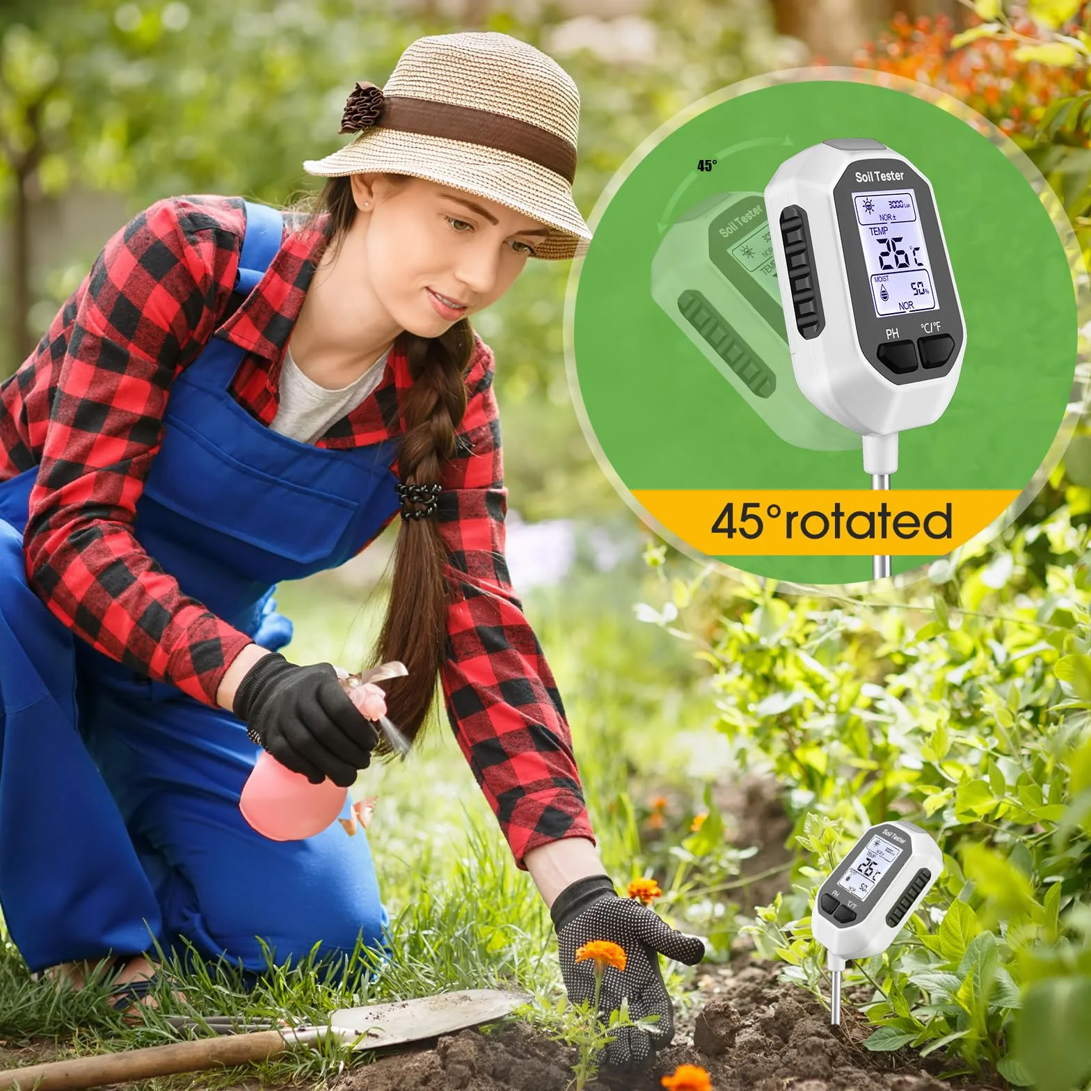 YAMRON Medidor de Humedad del Suelo 4 en 1 Digital pH Humedad PH Temperatura Luz Solar con Pantalla LCD