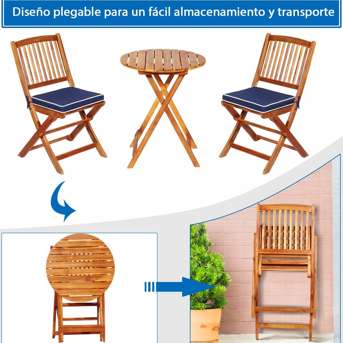 COSTWAY Juego de Mesa y 2 Sillas para Jardín Mueble de Madera Mesa Redonda Plegable Azul