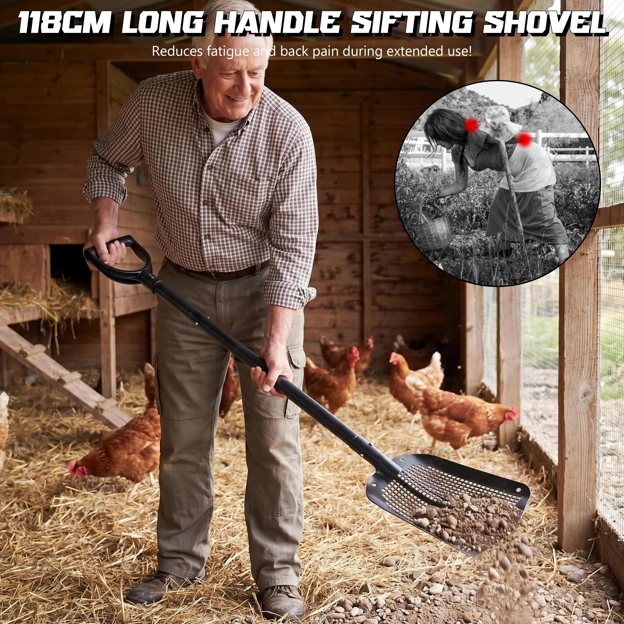 Colador portátil con Mango Ajustable de 59 – 118 cm, colador de jardín | aleación de aluminio, pala de arena, pala de playa, jardín para búsqueda del tesoro, limpieza de gallinero, siete de grava