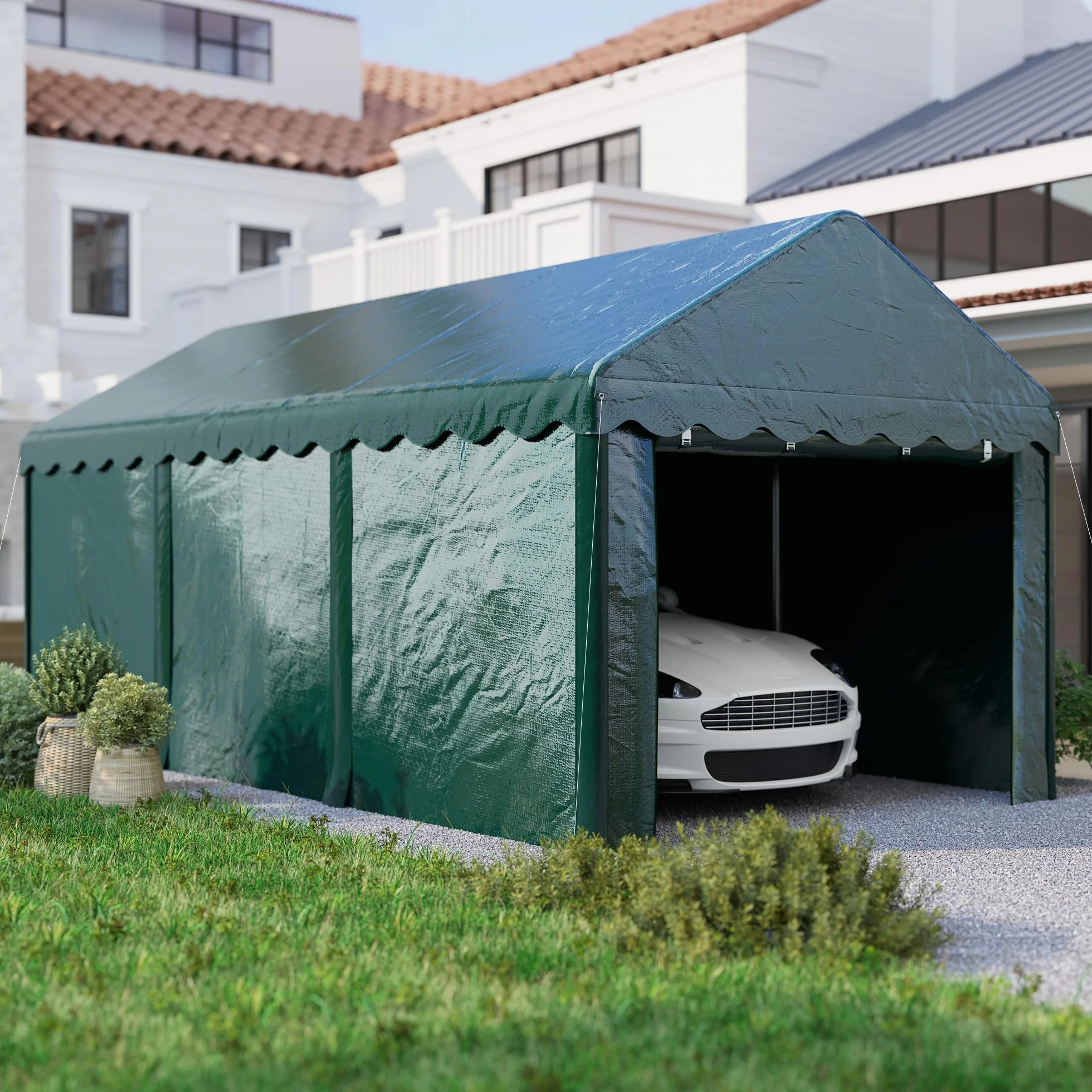 Outsunny Carpa Garaje 3x6 m Cubierta Coche Exterior 2 Puertas Rollables Tela PE 200 g Protección UV Impermeable