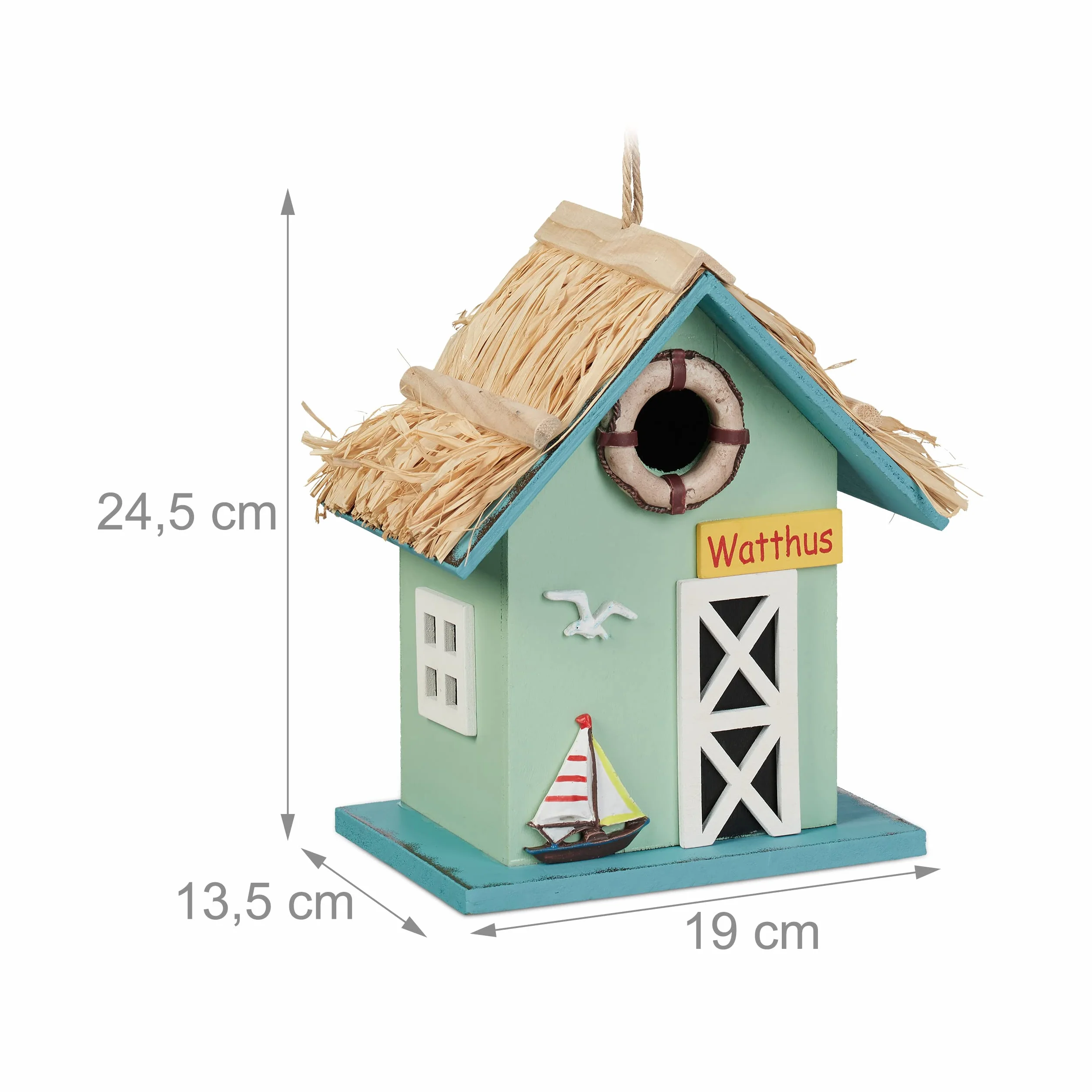 Relaxdays Casa Pájaro Decorativa Estilo Casita de Playa, Comedero Colgante de Madera, 24,5x19x13,5cm, Multicolor
