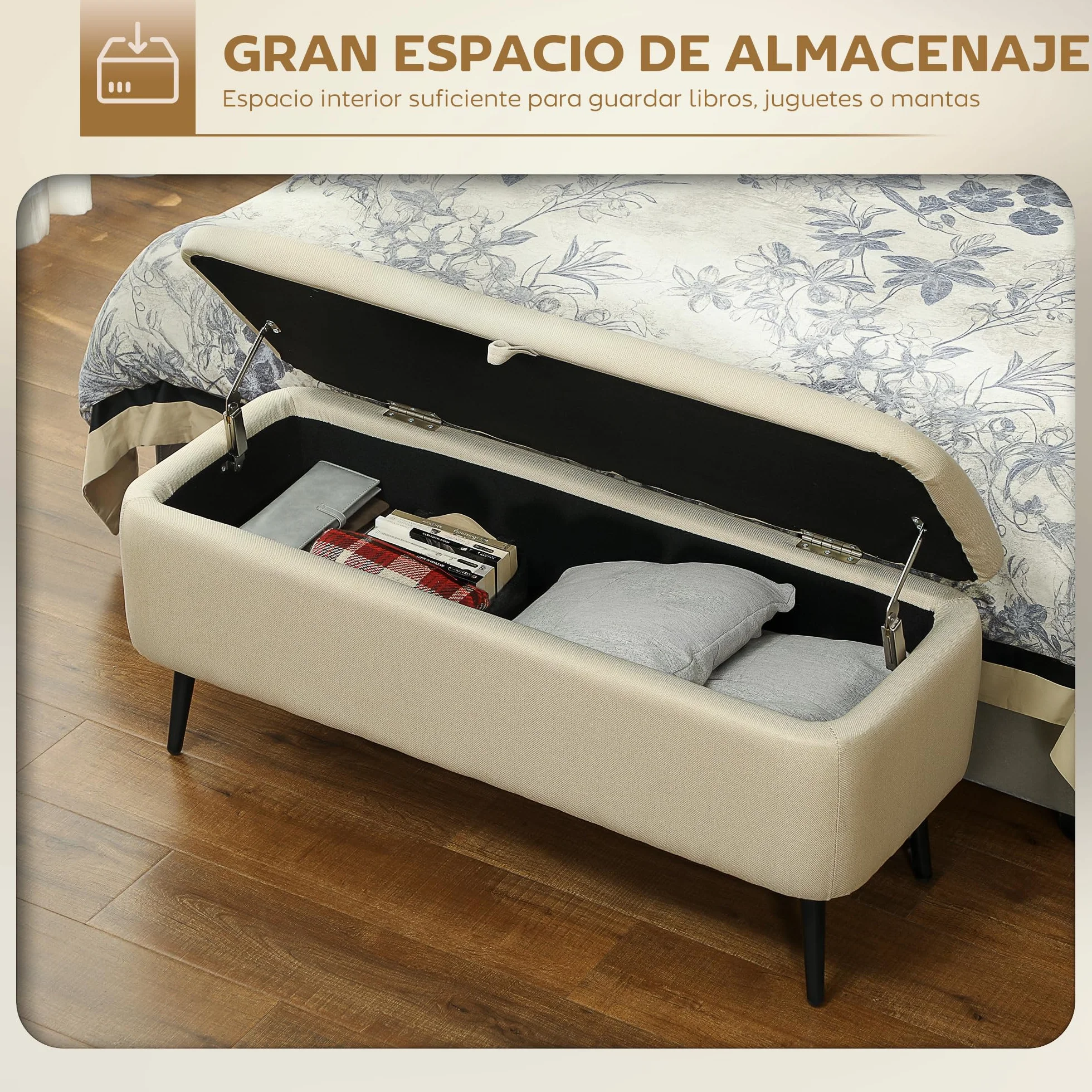 HOMCOM Banco Almacenaje Puff 61L Tapizado Lino Sintético Tapa Abatible Patas Acero 150 kg 101x38,5x44,5 cm Beige