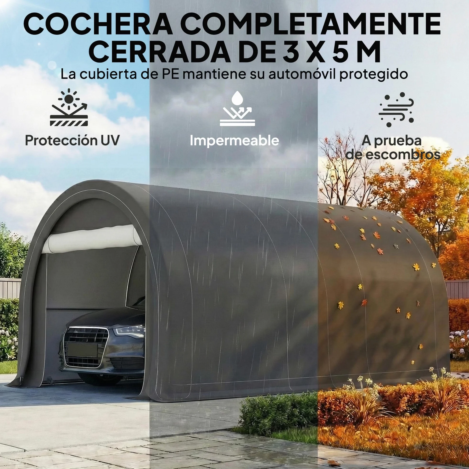 Outsunny Carpa Garaje Portátil 3x5 m Impermeable UPF30+ Acero Galvanizado Gris
