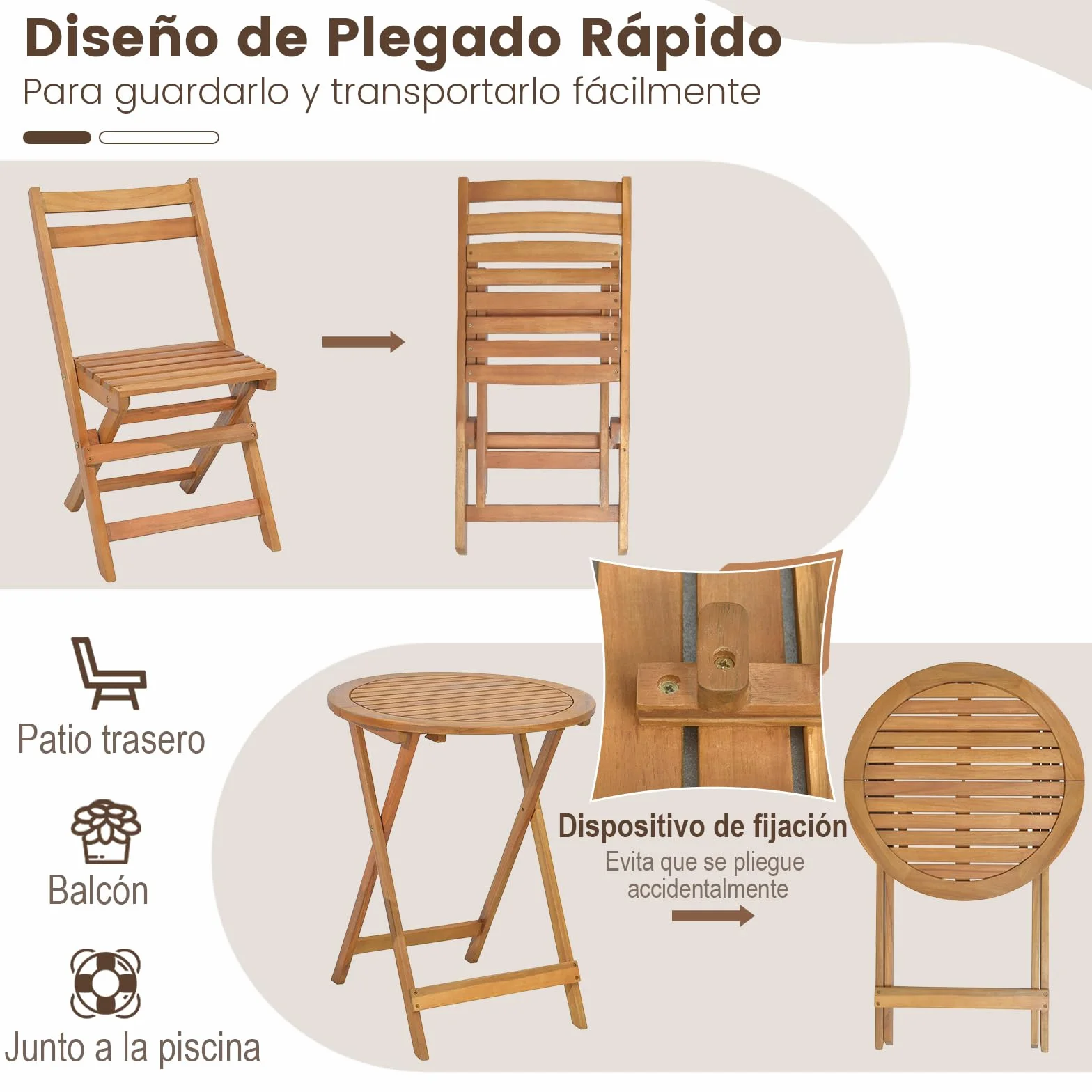 COSTWAY Conjunto Mesa y Sillas Jardin, Mesa Redonda y 2 Sillas Plegables de Madera de Acacia para Exterior