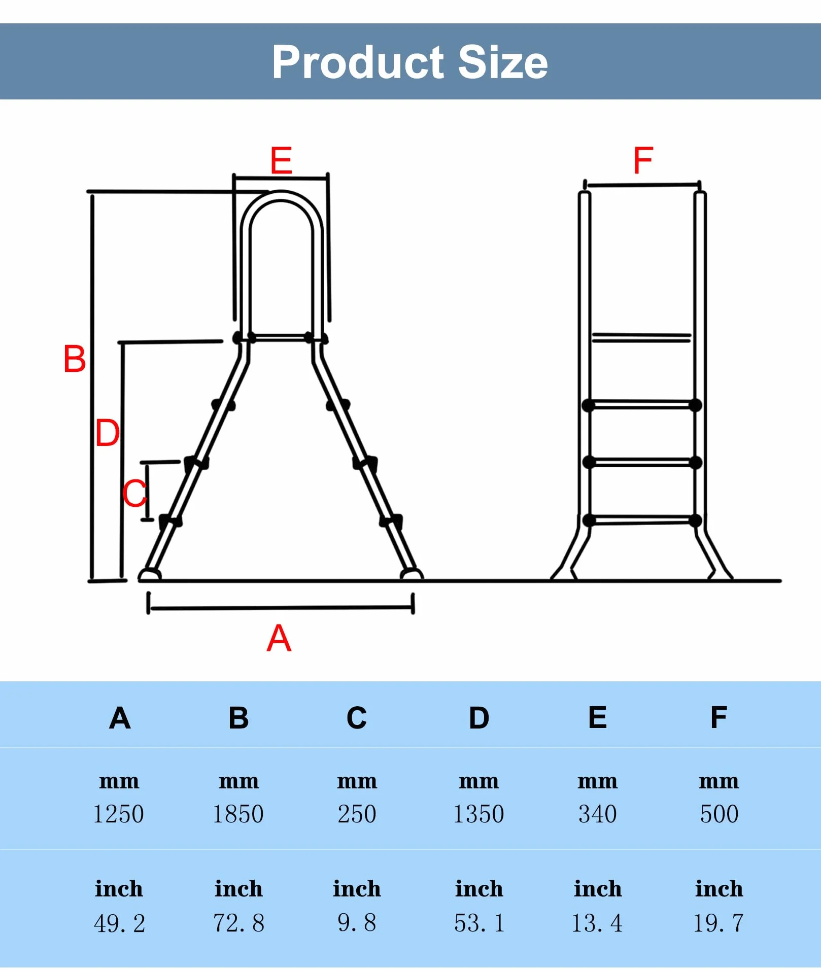 Escalera de Acero Inoxidable 4 Peldaños para Piscinas Elevadas 135cm 250kg