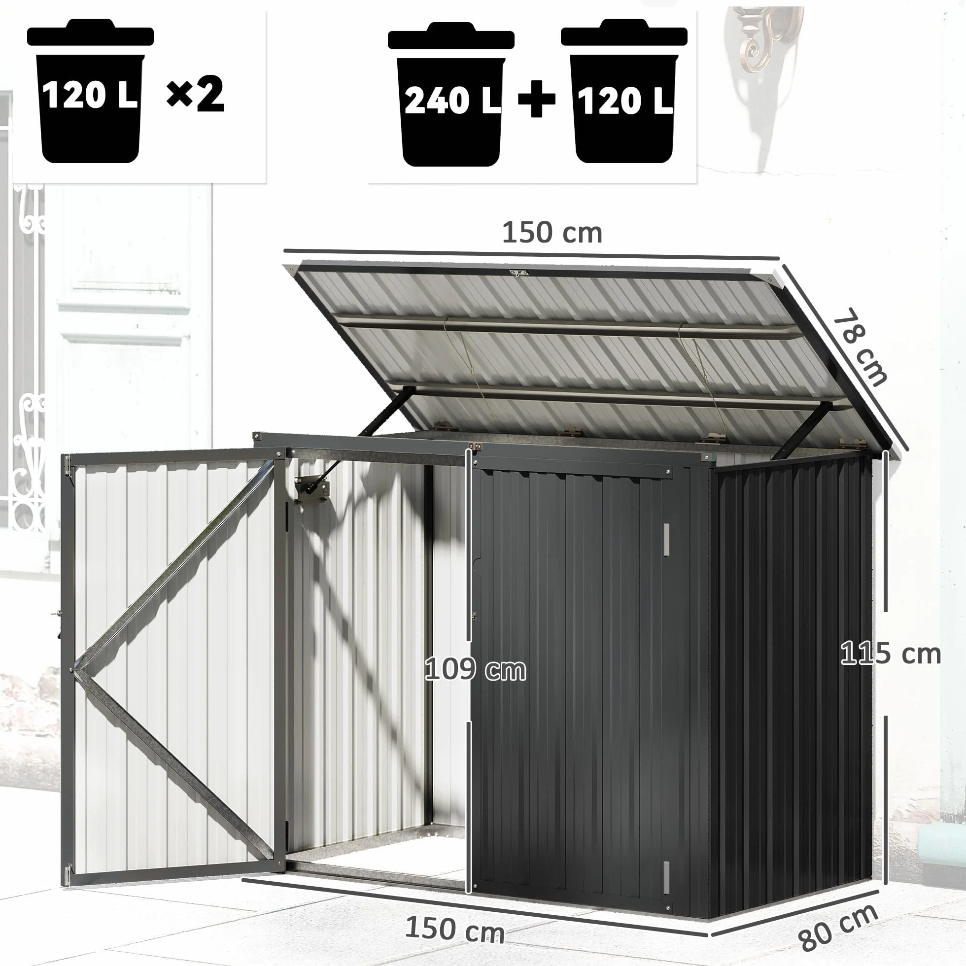 Outsunny Cobertizo para Contenedor de Basura Doble, Caseta para Cubo de 240L, Acero Galvanizado, 150x80x117 cm, Gris Oscuro