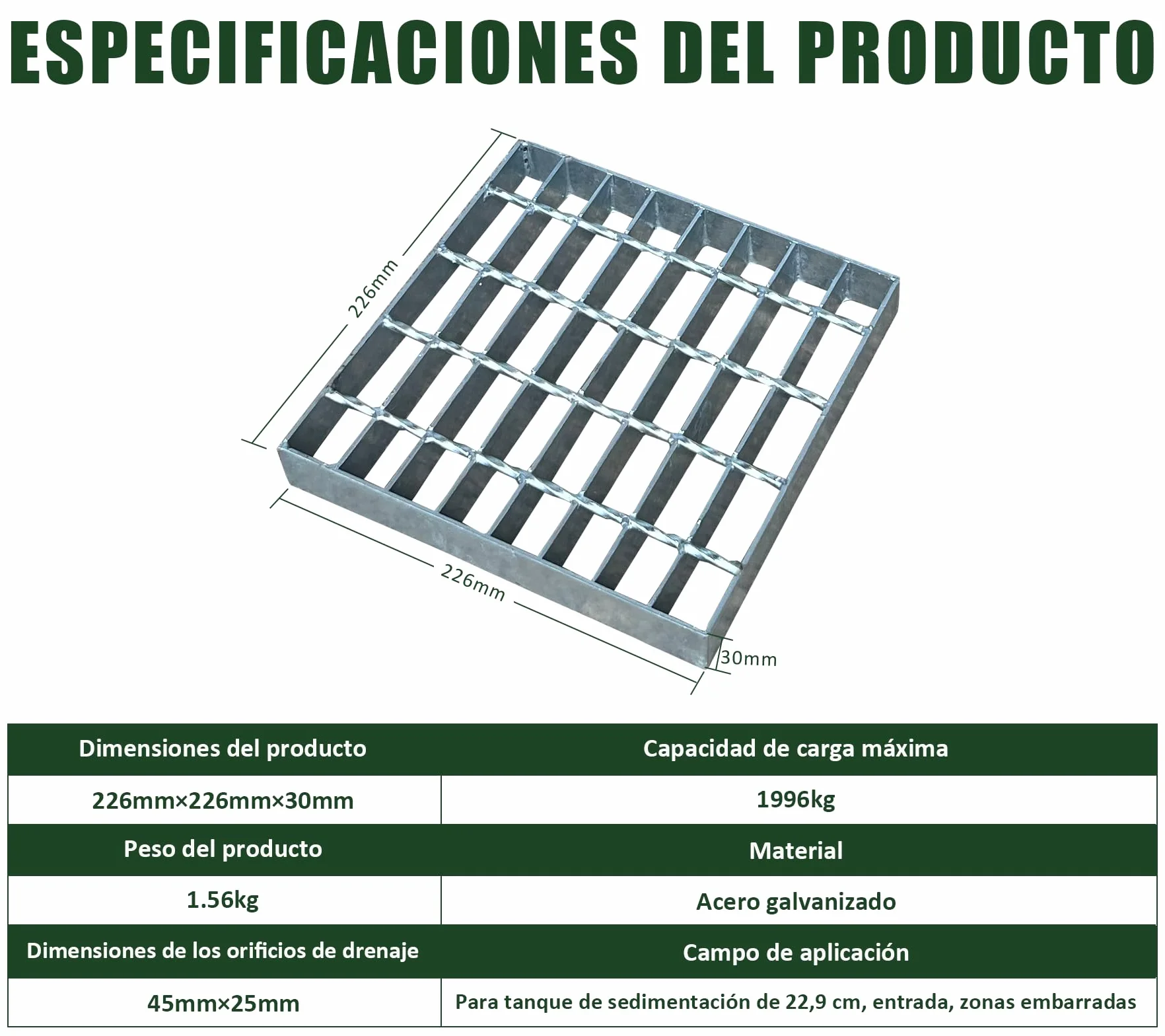 Rejilla de desagüe galvanizado 226 x 226 x 30 mm para piscina MW 25/45 mm cuadrada