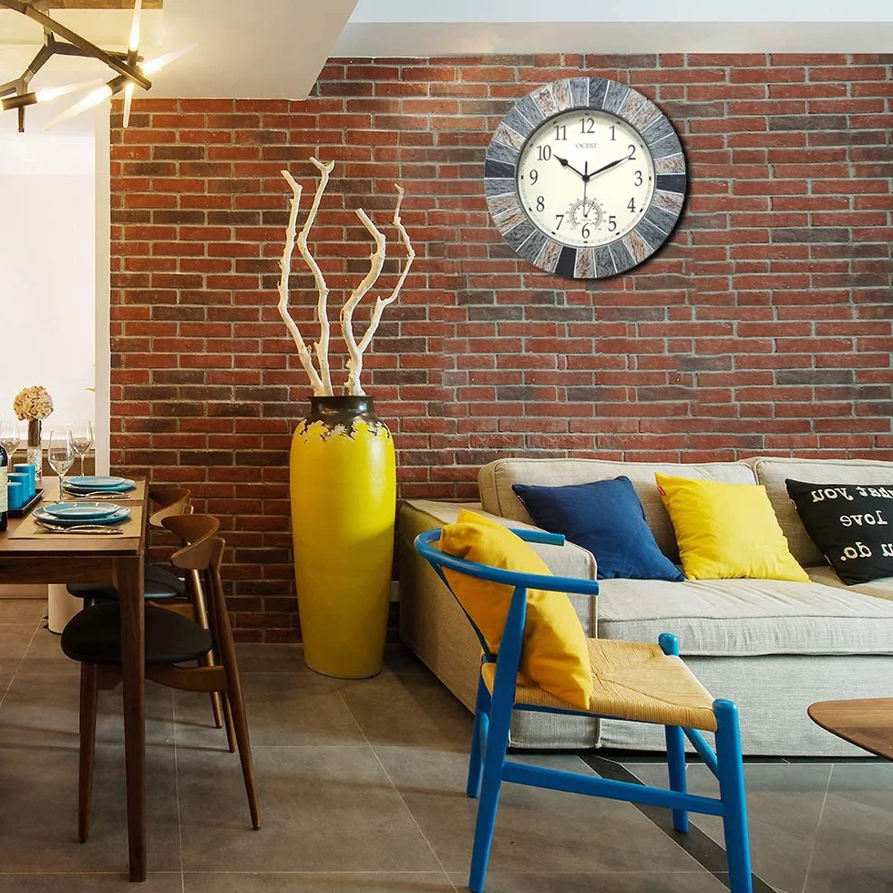 OCEST Reloj de jardín 33 cm resistente al agua Reloj de pared grande retro con termómetro a pilas sin tictac