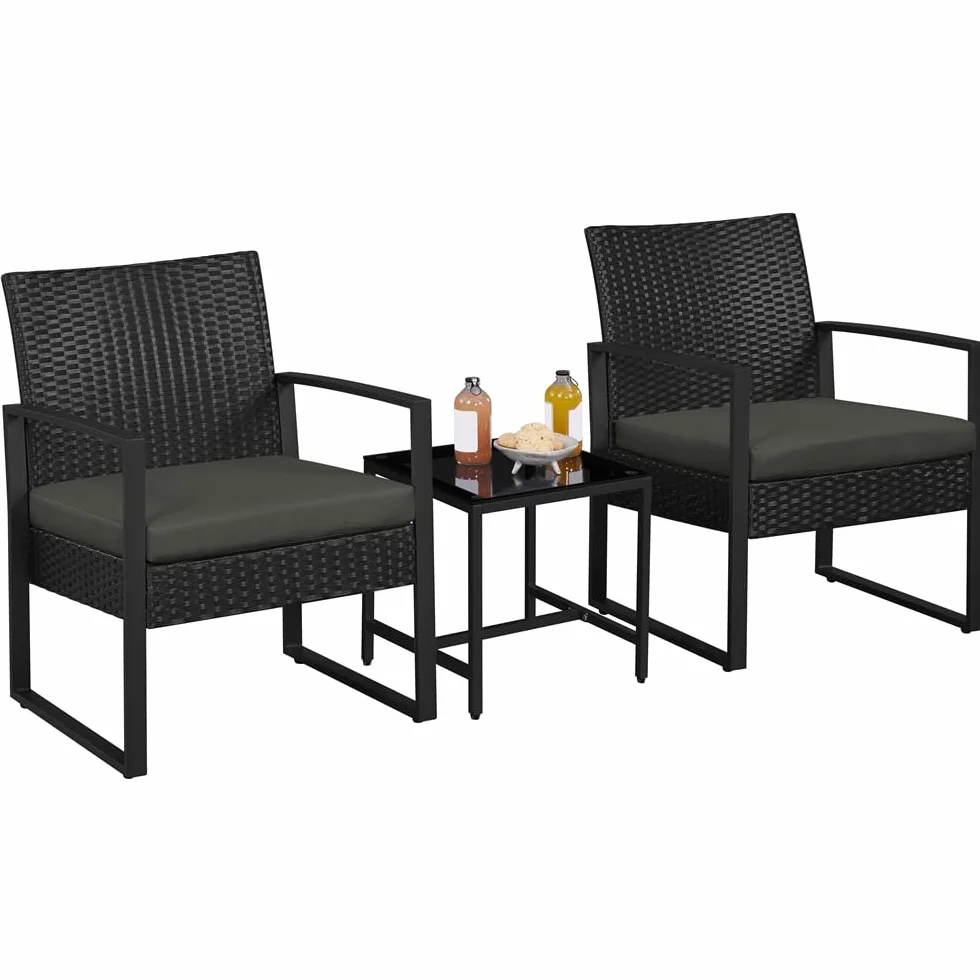 Yaheetech Conjunto de Mesa y Sillas Exterior Juego de Muebles Jardín Ratán Impermeable Negro Gris