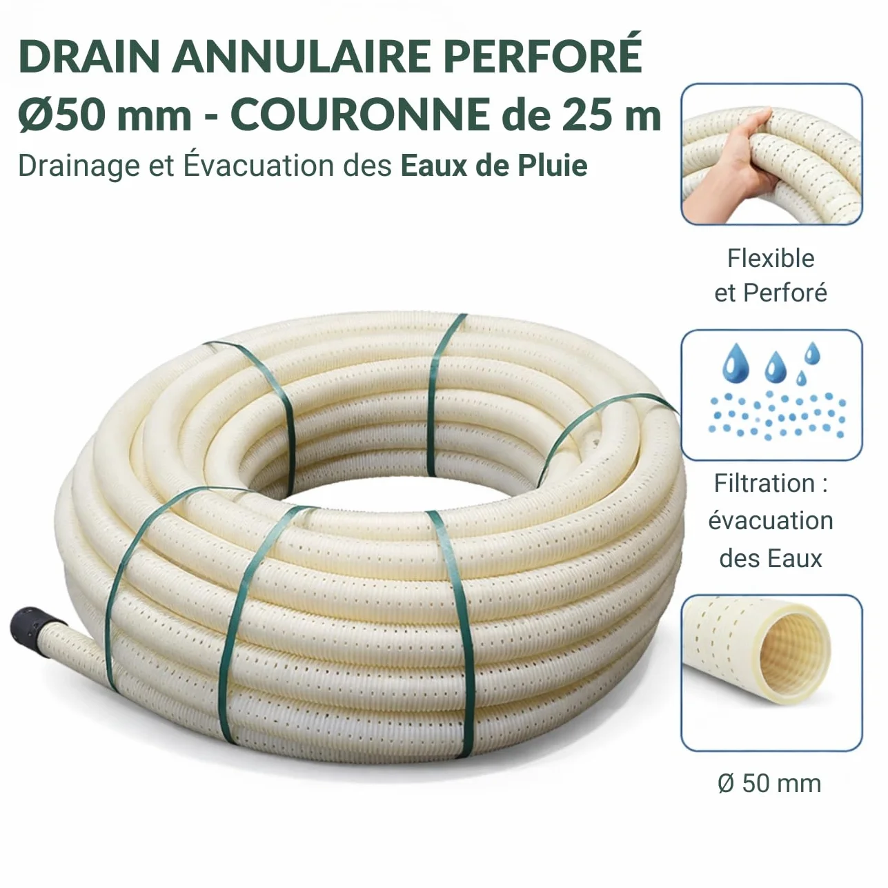 Drenaje perforado 50 mm 25 m Manguera drenaje agua lluvia agrícola anular