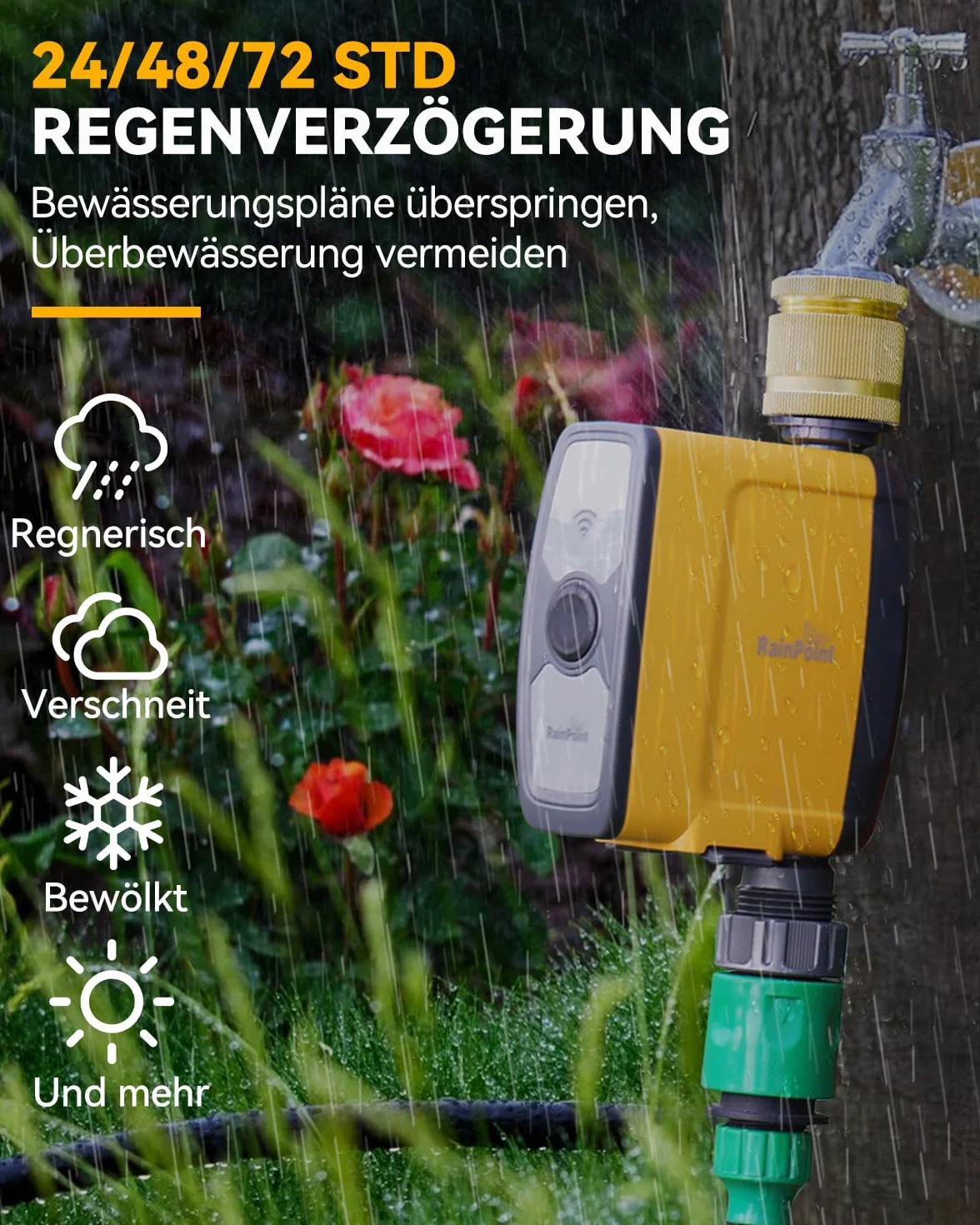 RAINPOINT Programador Riego WiFi 2.4 GHz, Temporizador Automático con App, Control por Voz, para Jardín Invernadero
