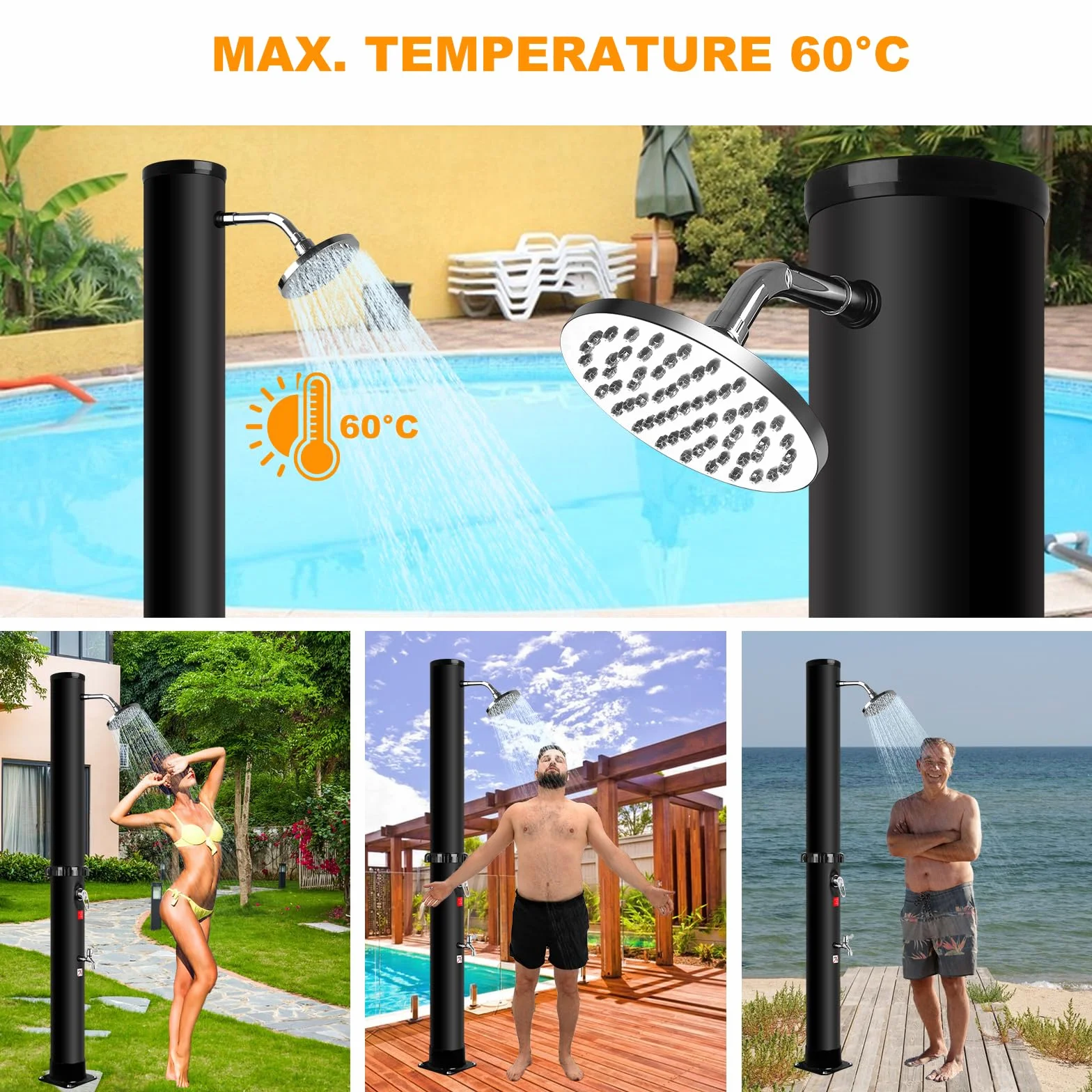Ducha Solar Exterior 40 litros Jardín 360° Cabeza Ducha Grifo Agua Caliente 60°C Negro