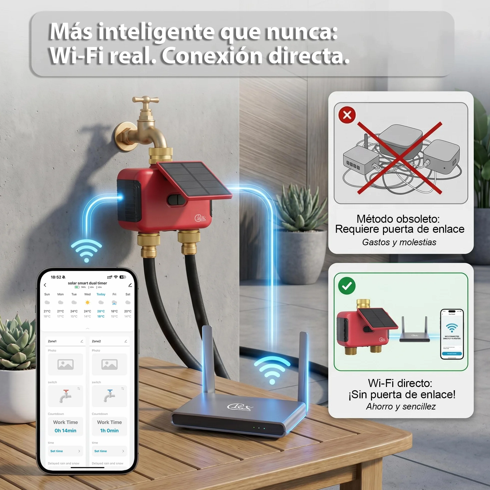 Programador de riego WiFi 2 Zonas, Temporizador Solar Recargable Doble Salida, Conectores Latón, App Smart Life, Alexa Google Assistant