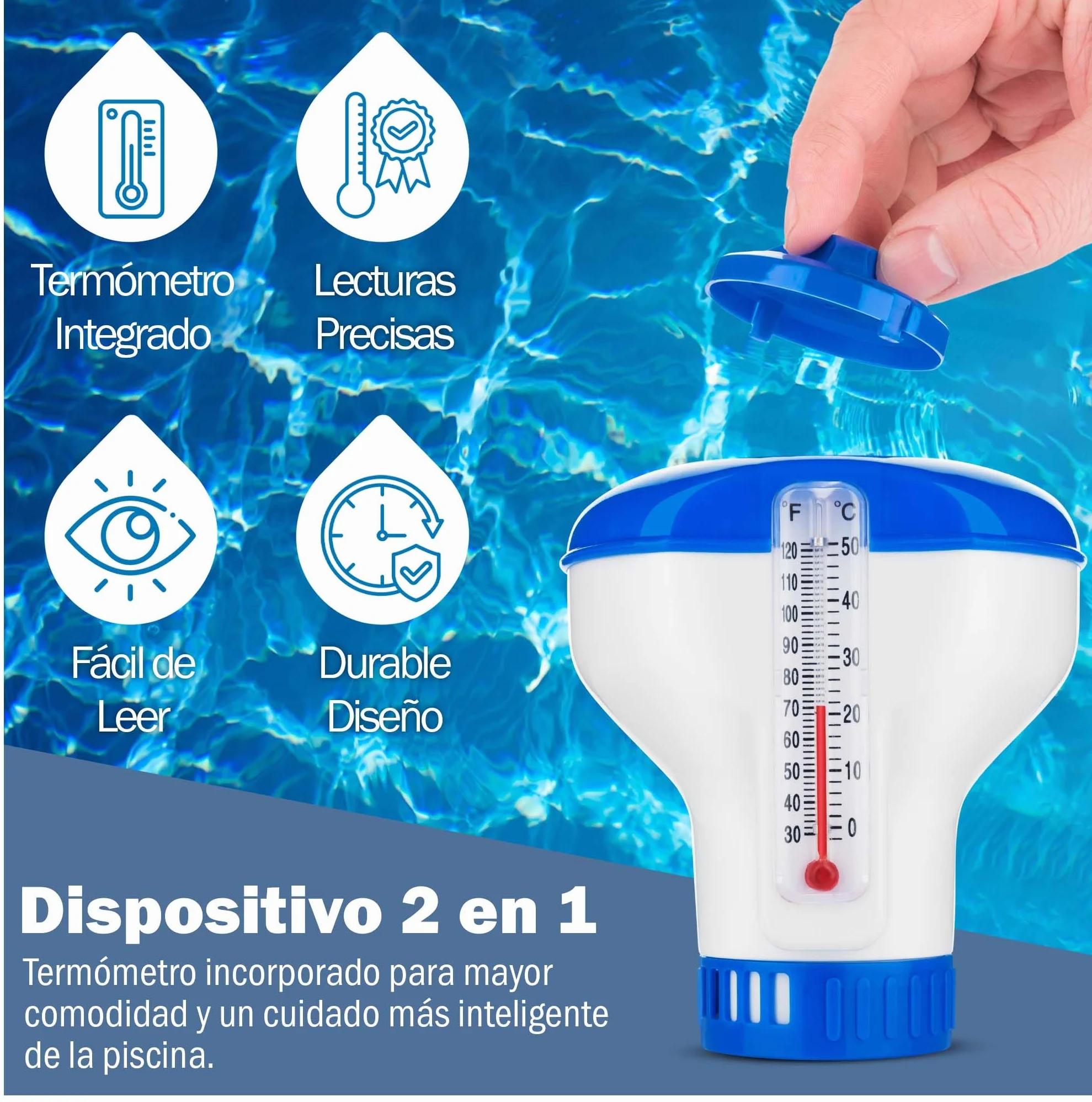 Dispensador de Cloro Flotante con Termómetro Integrado para Piscinas, Jacuzzis y Spas