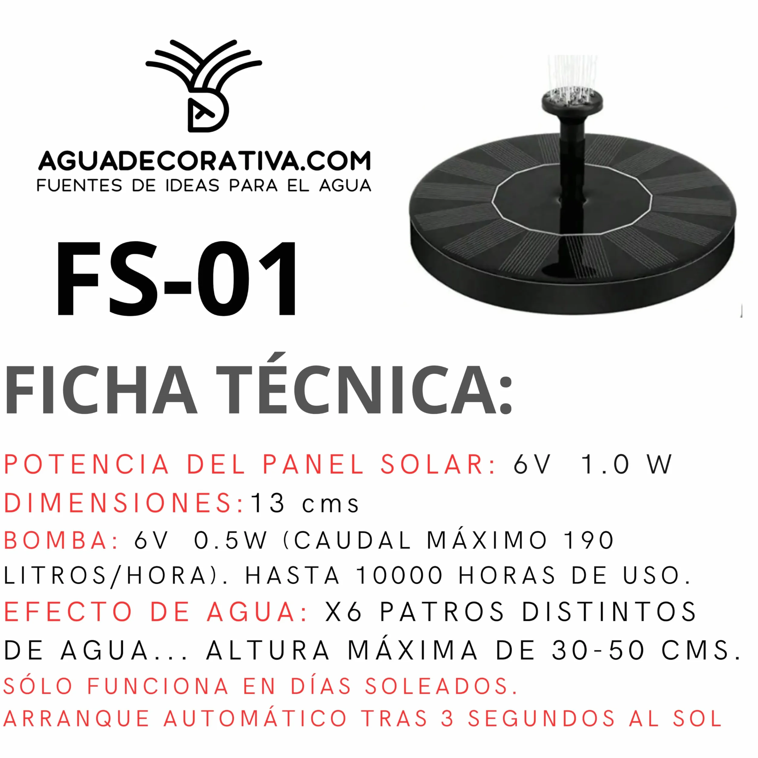 Fuente Solar Autónoma para Decorar Jardines, Maceteros, Piscinas y Bebederos de Pájaros para días soleados
