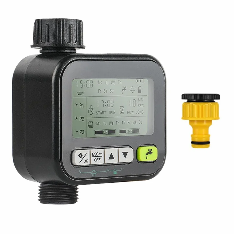 Temporizador de riego de jardín con sensor de lluvia, IPX5 impermeable, pantalla LCD