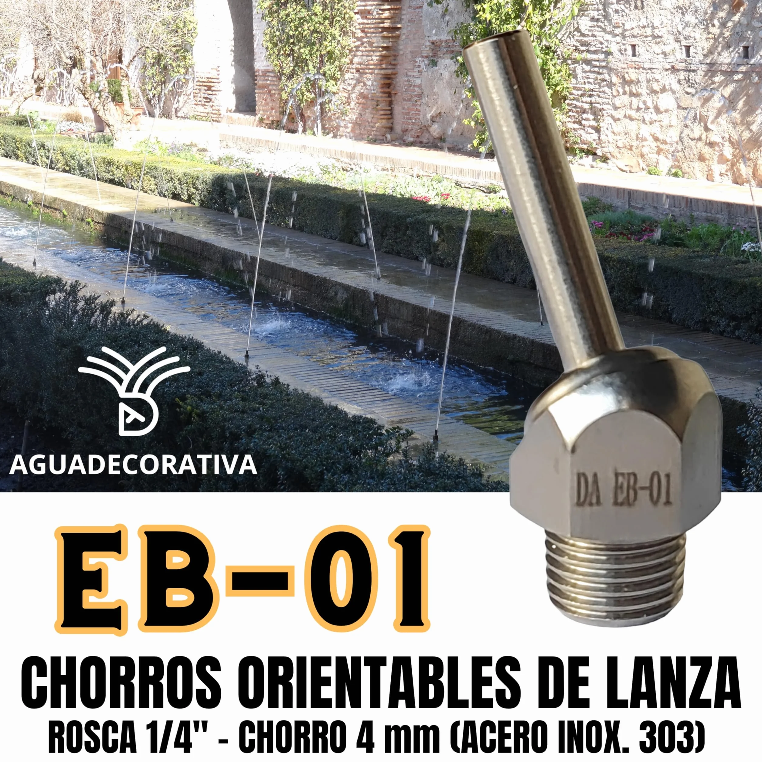 Chorros Cristalinos para Fuentes de Jardín Orientables Acero Inoxidable Rosca 1/4" BSPT